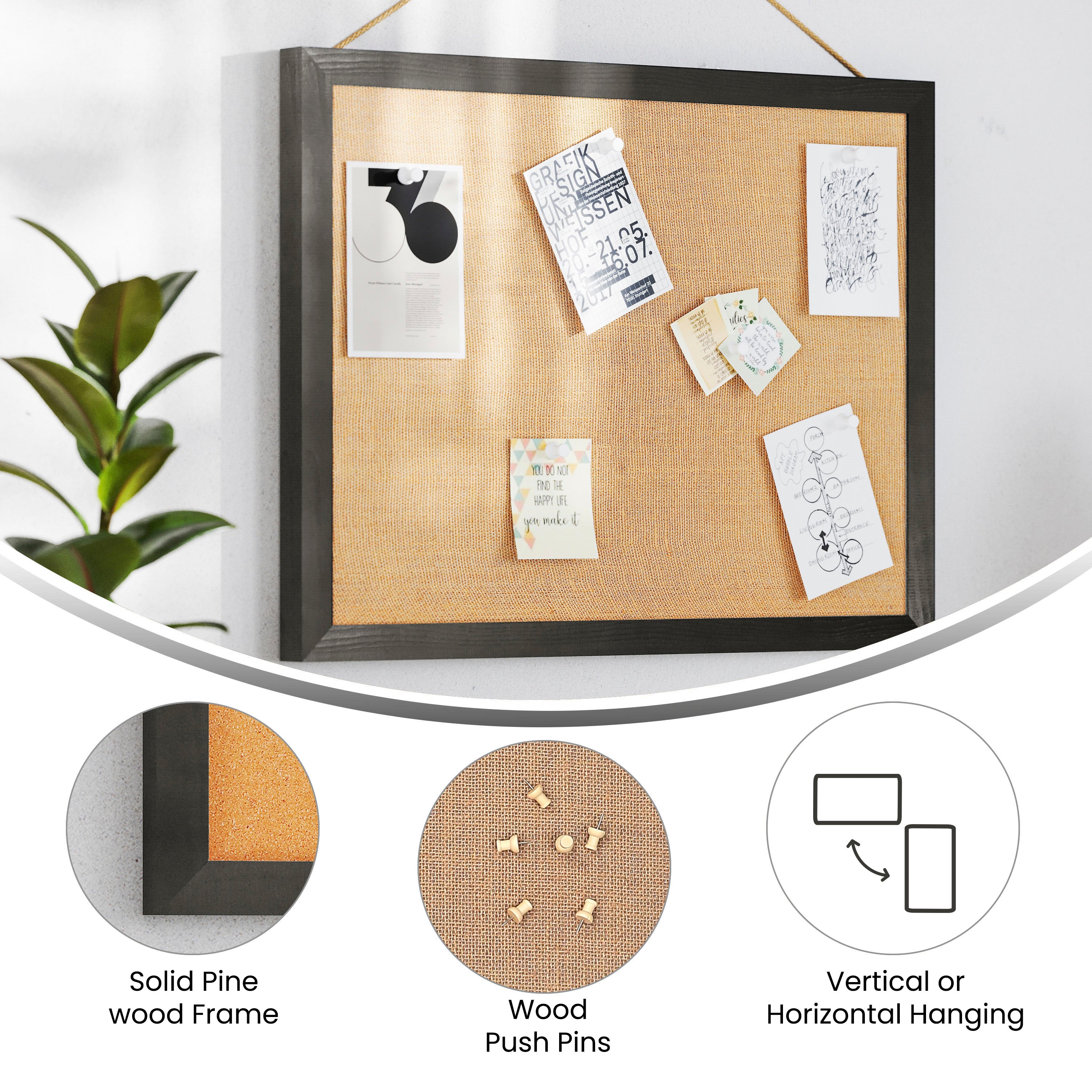 Juno Rustic Wall Mount Linen Board with Wood Push Pins, for Home, School or Business, 18x24, Black