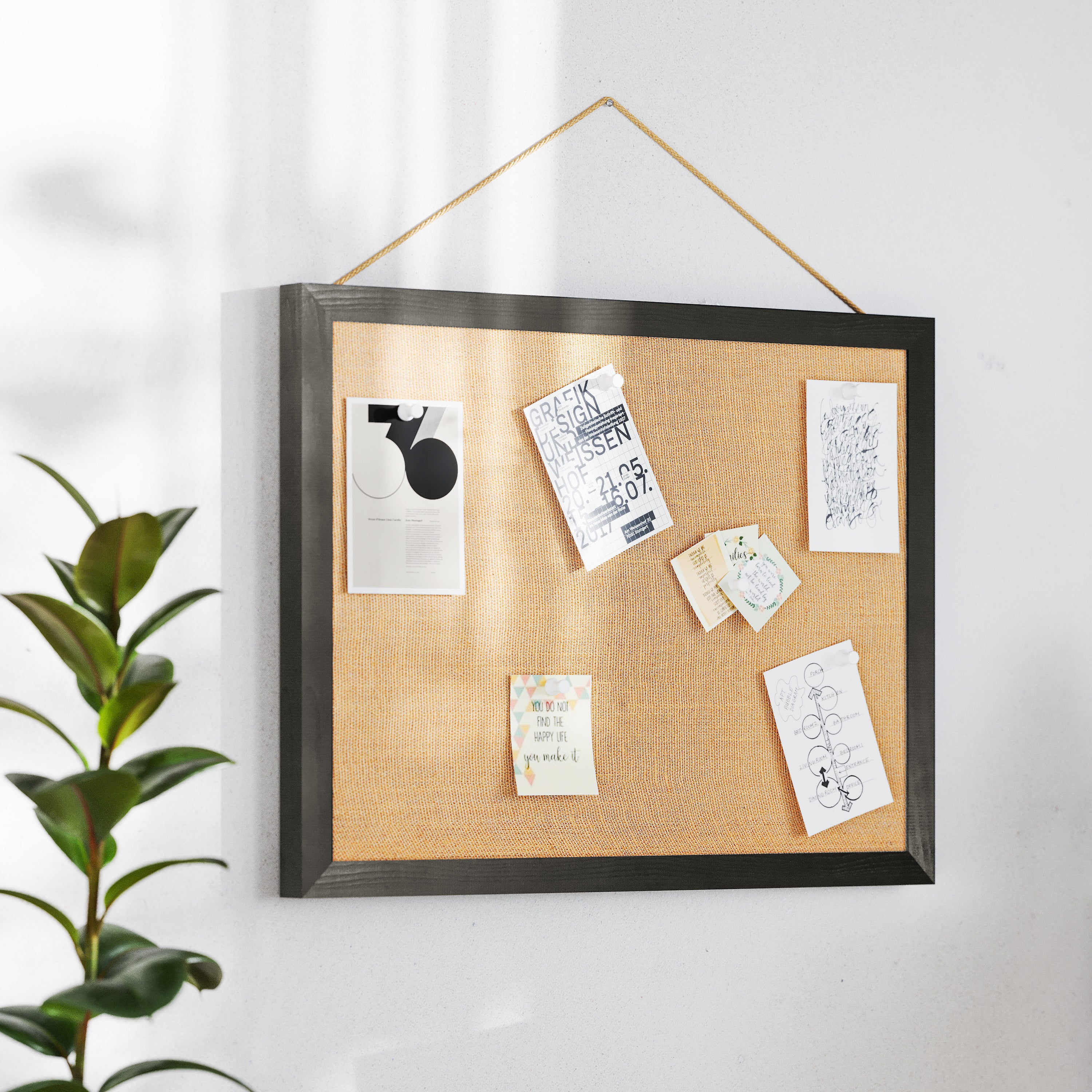Juno Rustic Wall Mount Linen Board with Wood Push Pins, for Home, School or Business, 18x24, Black