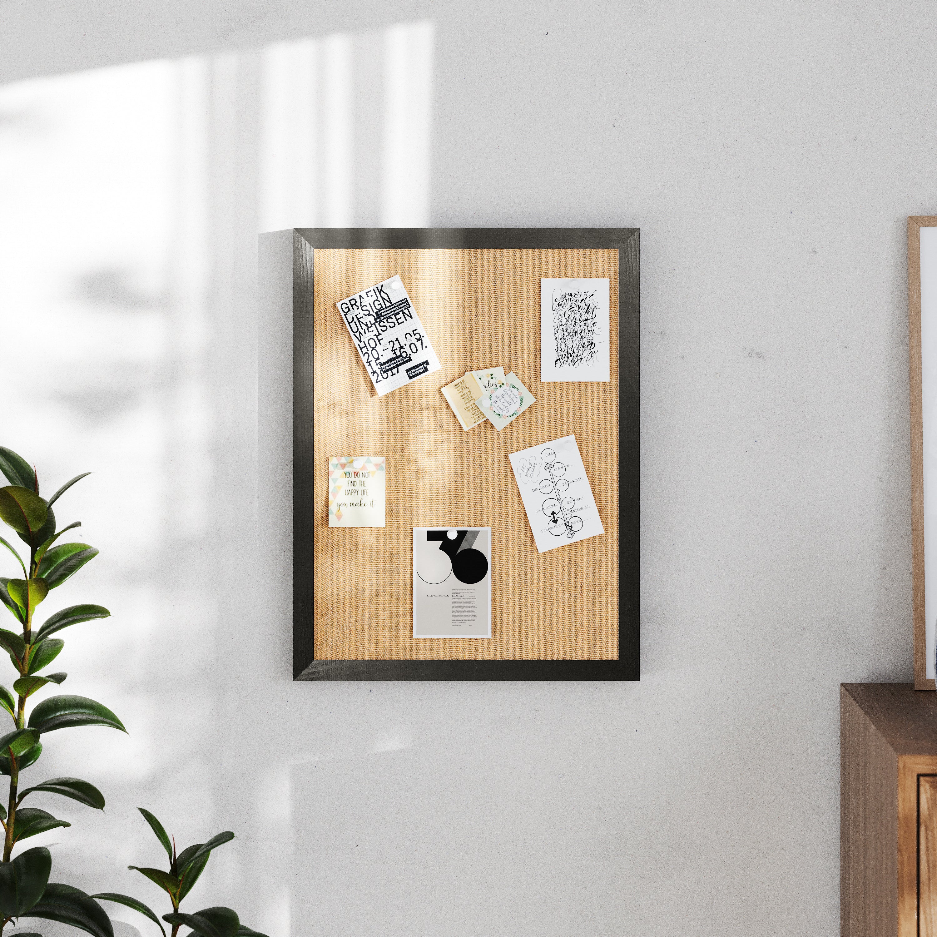 Juno Rustic Wall Mount Linen Board with Wood Push Pins, for Home, School or Business, 18x24, Black