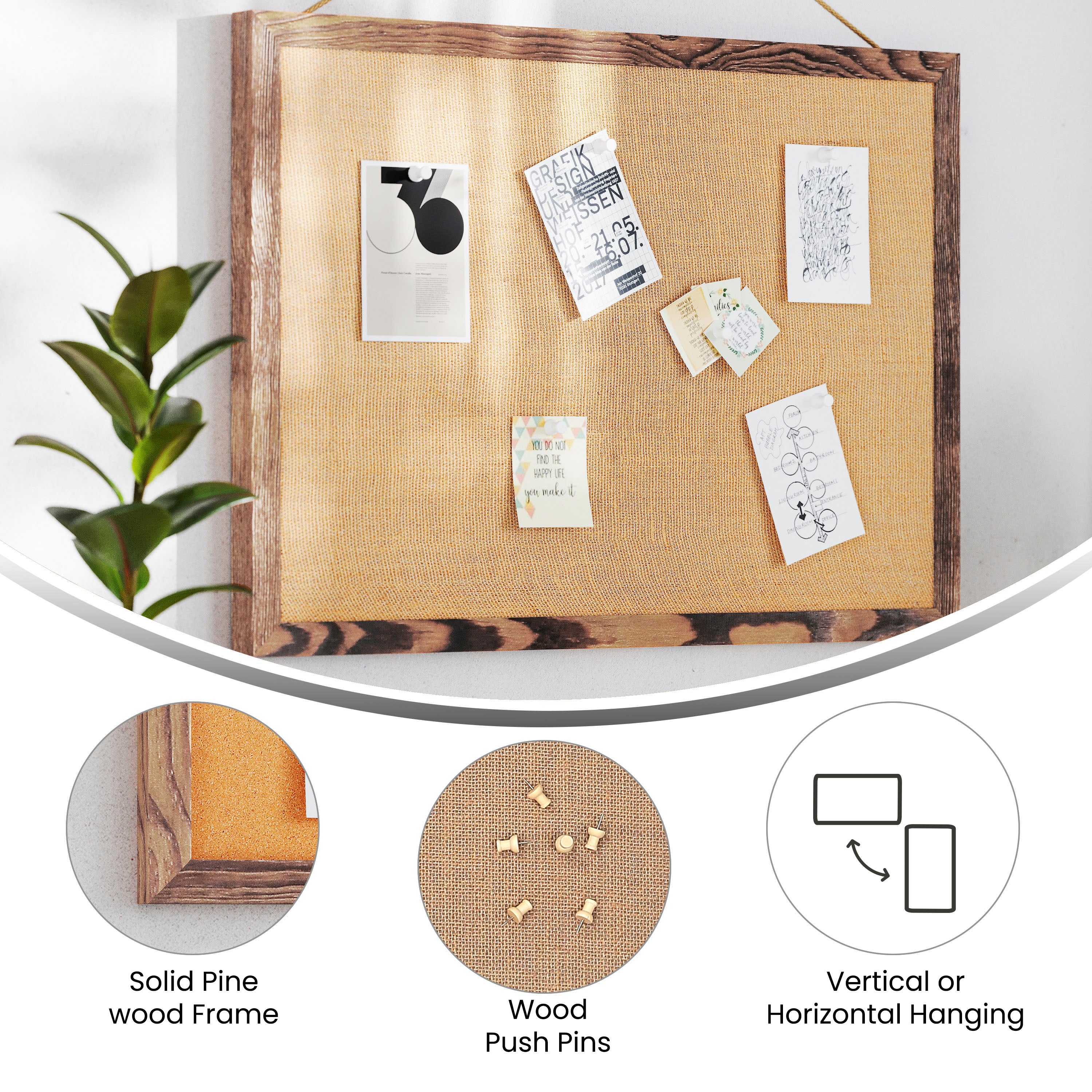 Juno Rustic Wall Mount Linen Board with Wood Push Pins, for Home, School or Business, 18x24, Torched Brown
