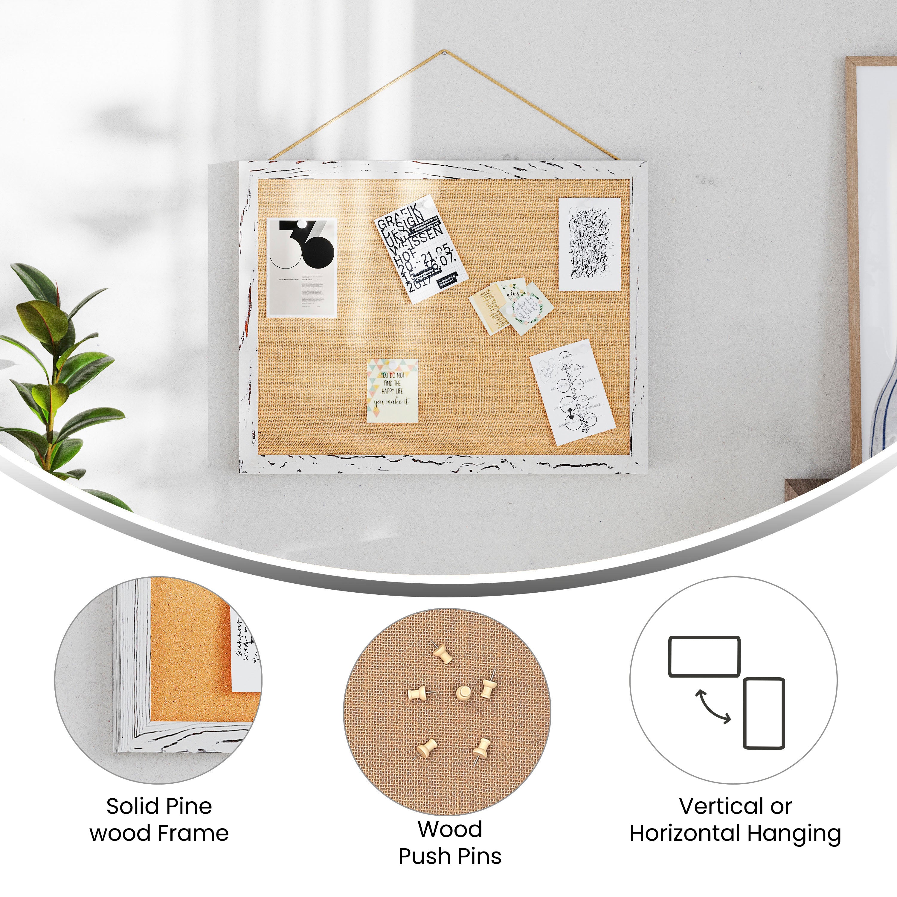 Juno Rustic Wall Mount Linen Board with Wood Push Pins, for Home, School or Business, 18x24, Whitewashed