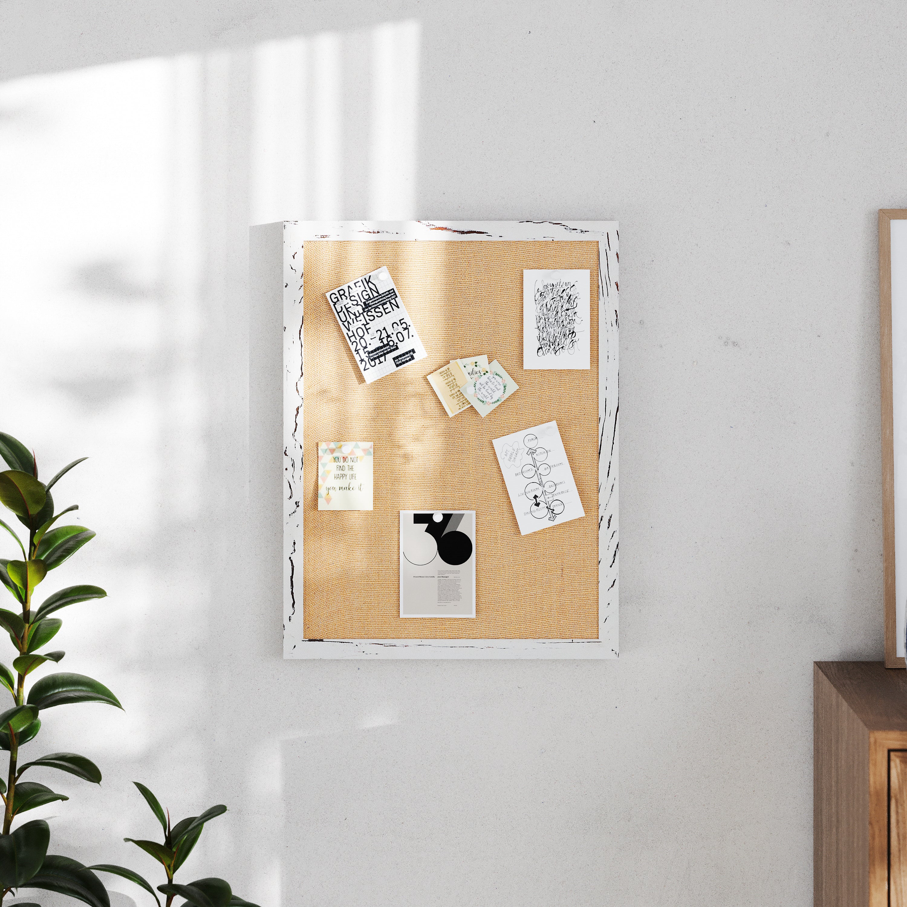 Juno Rustic Wall Mount Linen Board with Wood Push Pins, for Home, School or Business, 18x24, Whitewashed