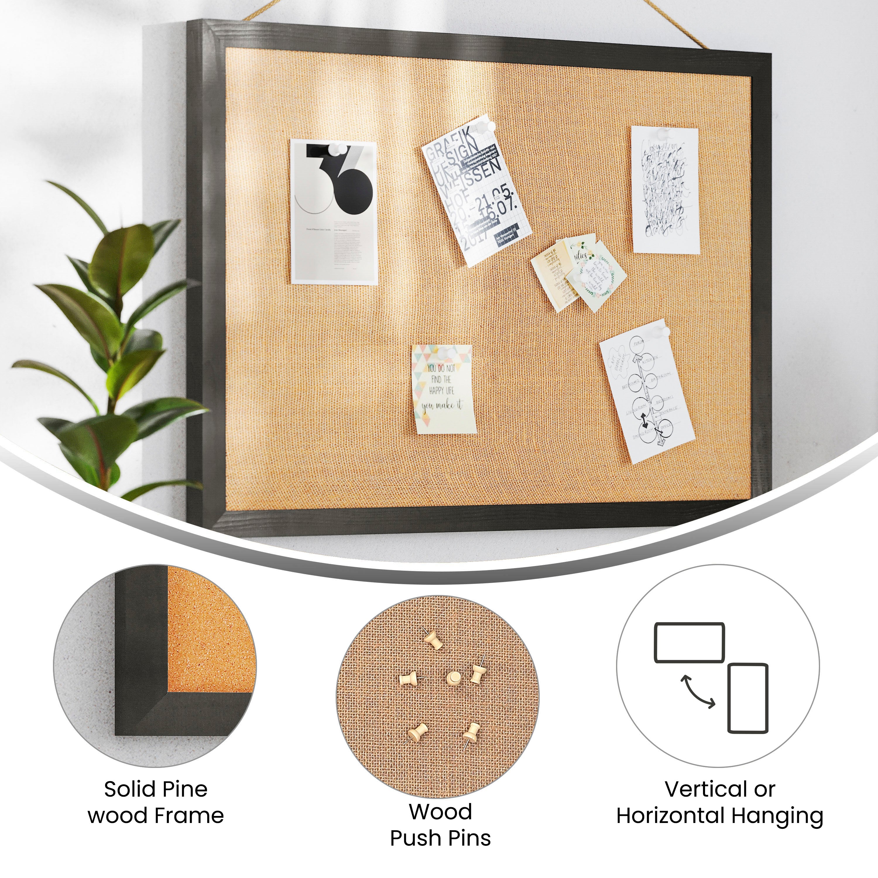 Juno Rustic Wall Mount Linen Board with Wood Push Pins, for Home, School or Business, 20x30, Black