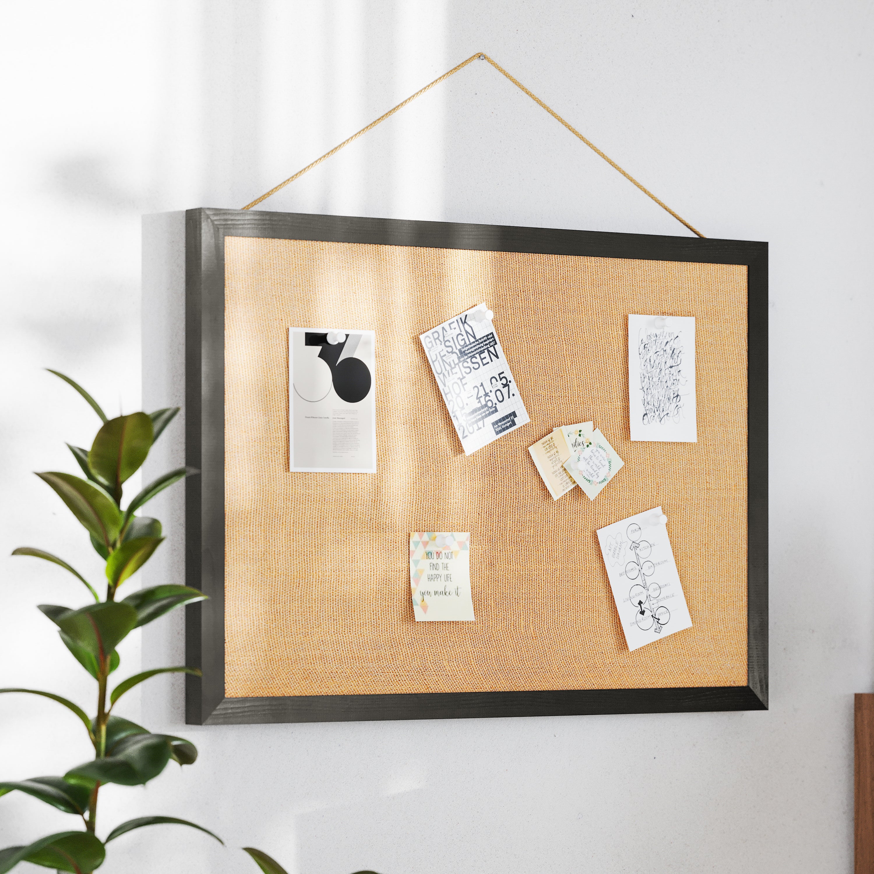 Juno Rustic Wall Mount Linen Board with Wood Push Pins, for Home, School or Business, 20x30, Black