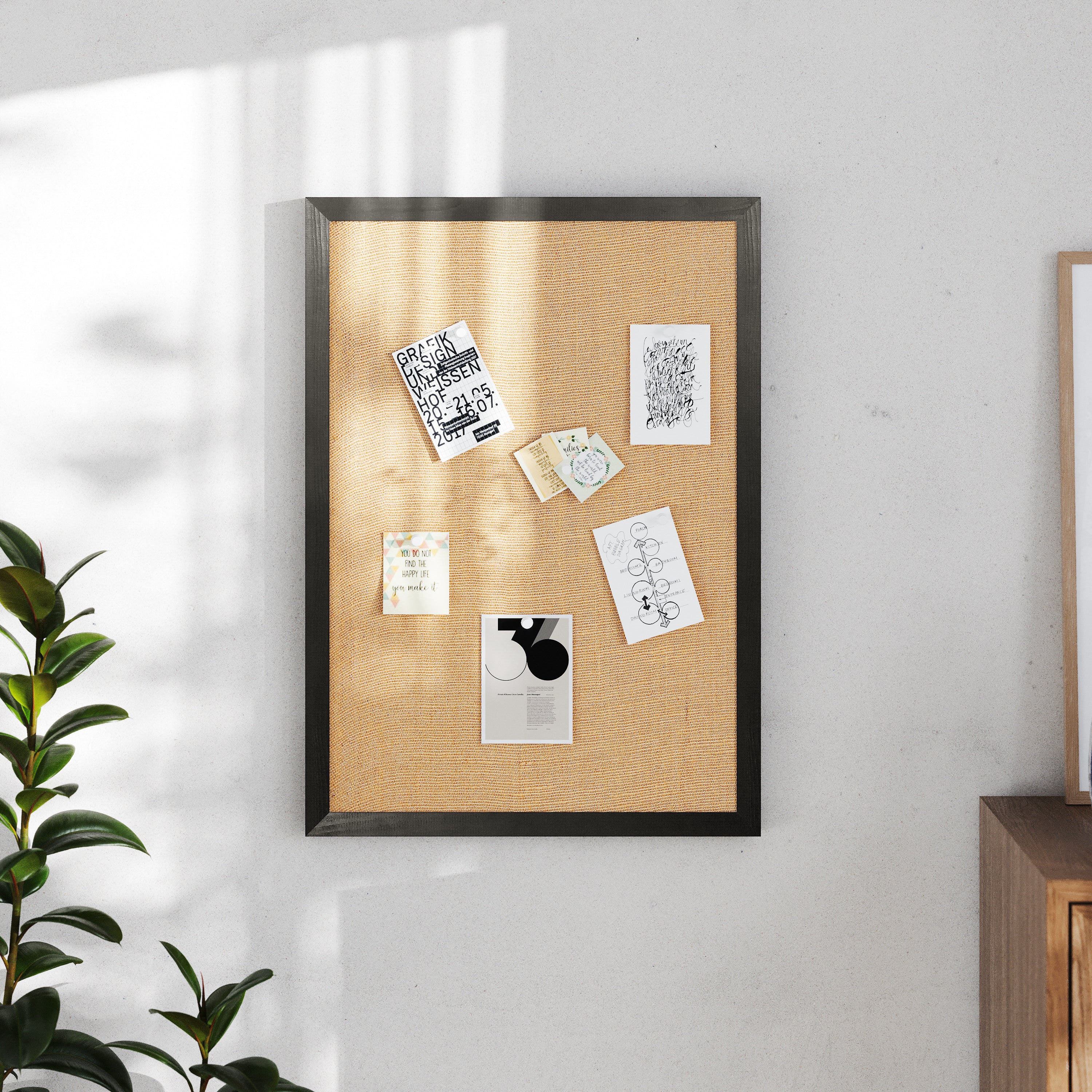 Juno Rustic Wall Mount Linen Board with Wood Push Pins, for Home, School or Business, 20x30, Black