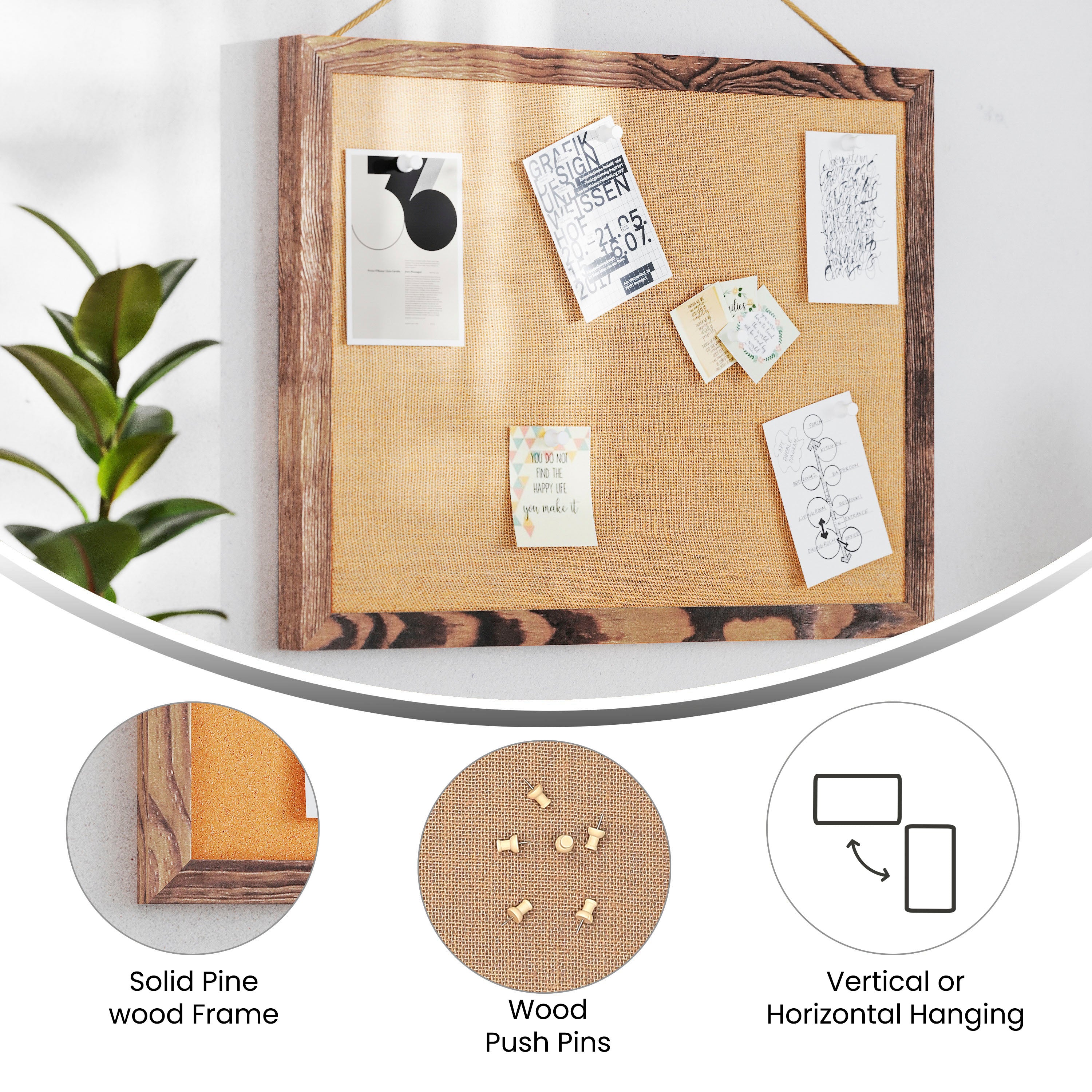 Juno Rustic Wall Mount Linen Board with Wood Push Pins, for Home, School or Business, 20x30, Torched Brown