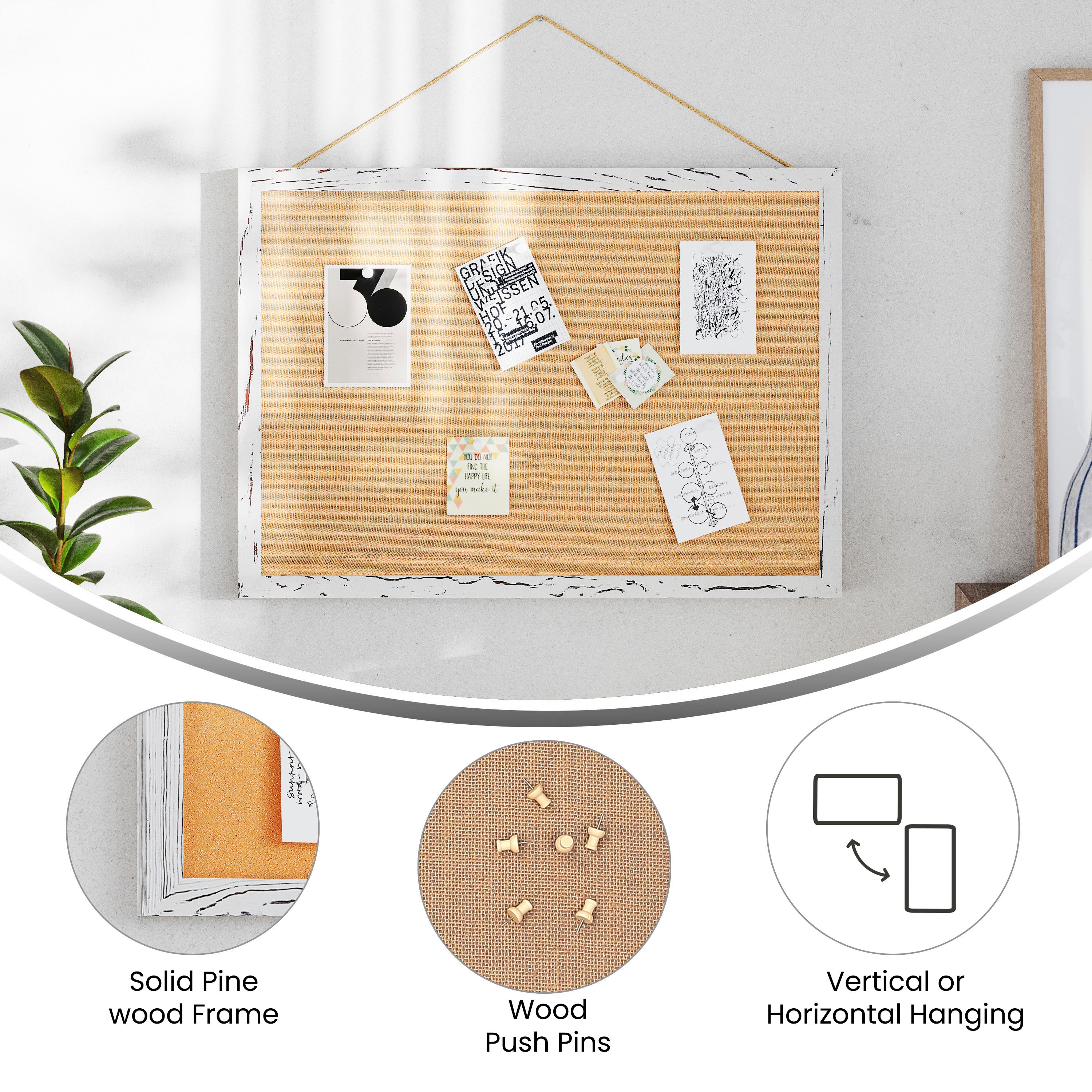 Juno Rustic Wall Mount Linen Board with Wood Push Pins, for Home, School or Business, 20x30, Whitewashed