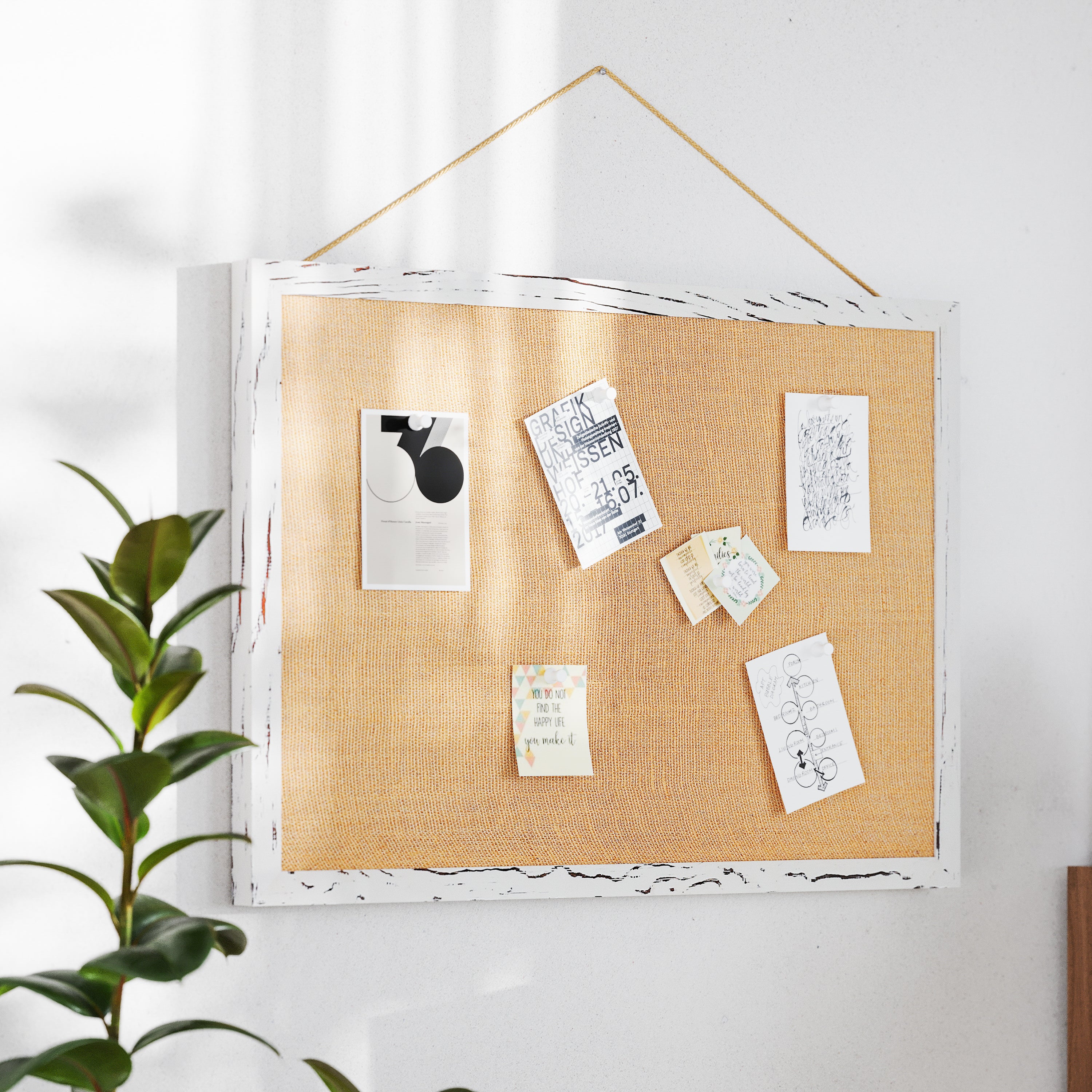 Juno Rustic Wall Mount Linen Board with Wood Push Pins, for Home, School or Business, 20x30, Whitewashed