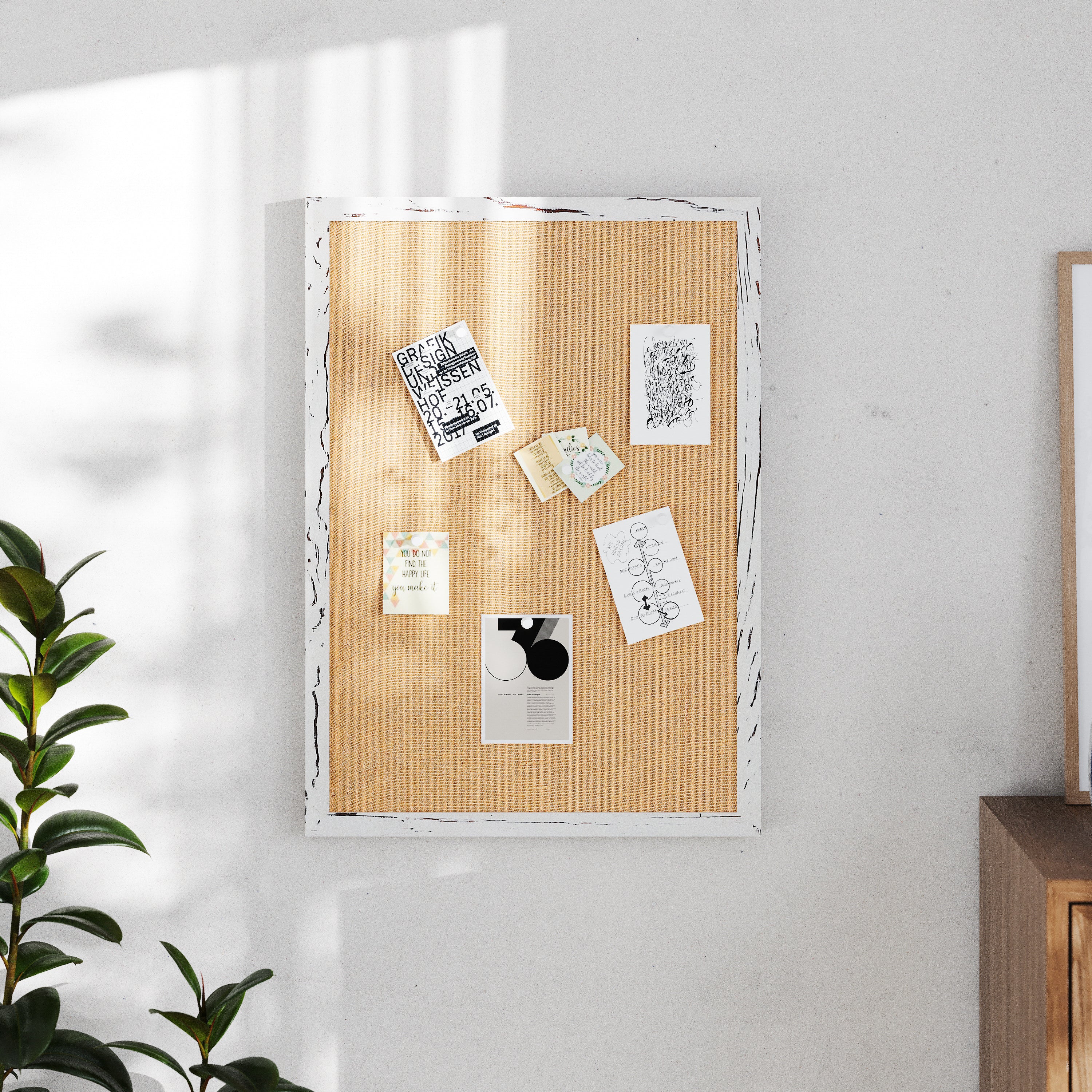 Juno Rustic Wall Mount Linen Board with Wood Push Pins, for Home, School or Business, 20x30, Whitewashed