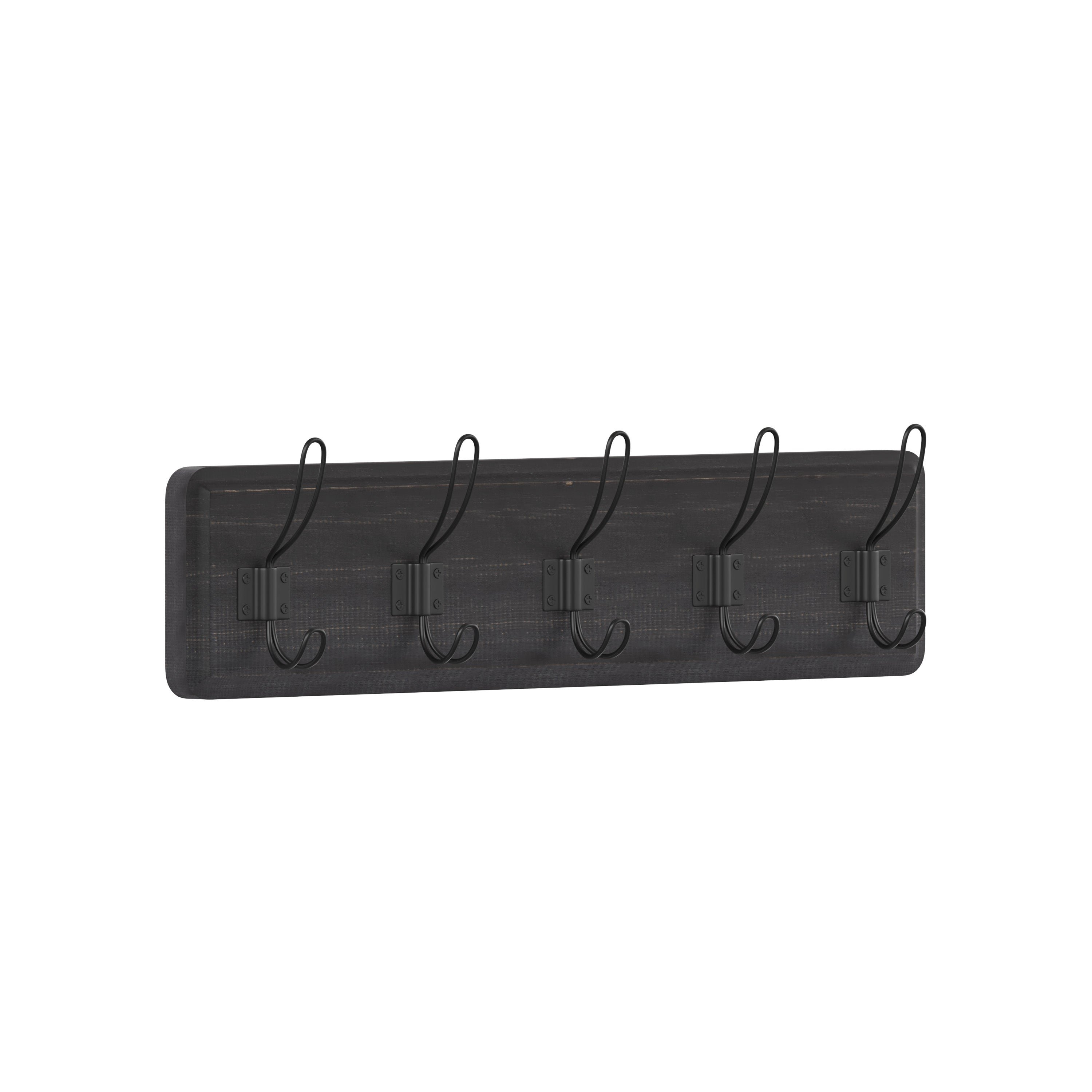 Daly Wall Mounted 24 Inch Black Wash Solid Pine Wood Storage Rack with 5 Hooks For Entryway, Kitchen, Bathroom