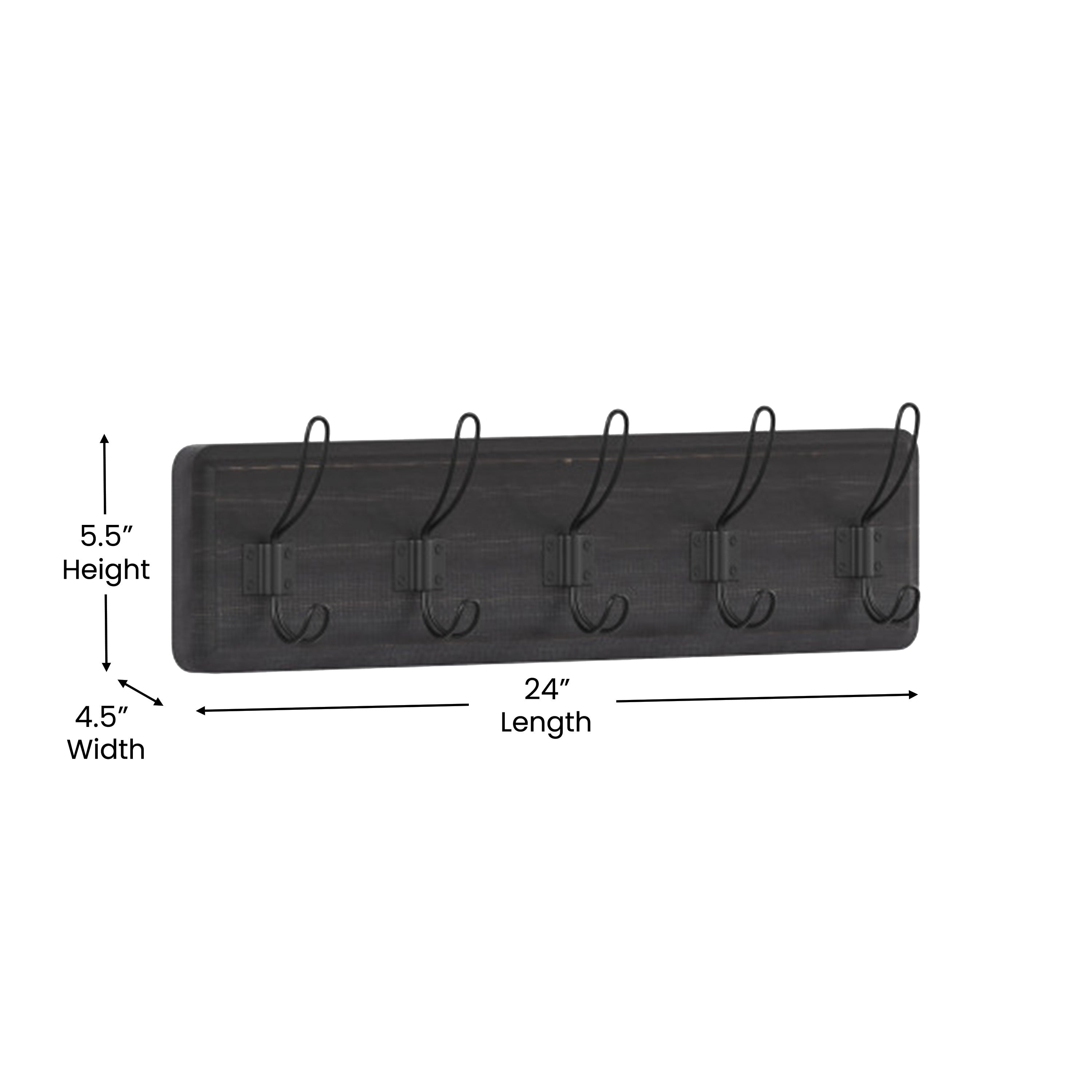 Daly Wall Mounted 24 Inch Black Wash Solid Pine Wood Storage Rack with 5 Hooks For Entryway, Kitchen, Bathroom