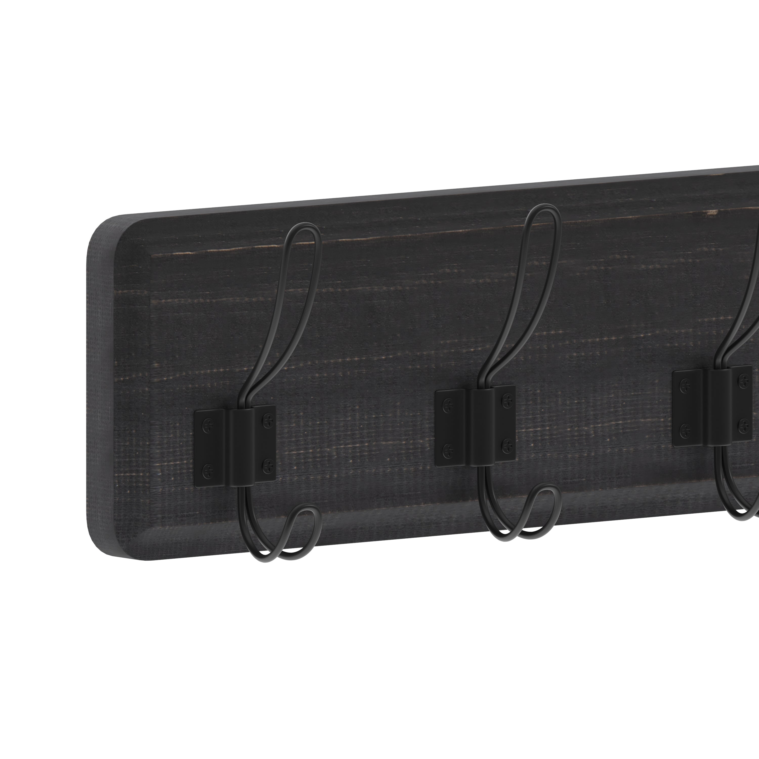 Daly Wall Mounted 24 Inch Black Wash Solid Pine Wood Storage Rack with 5 Hooks For Entryway, Kitchen, Bathroom
