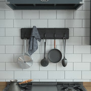Daly Wall Mounted 24 Inch Black Wash Solid Pine Wood Storage Rack with 5 Hooks For Entryway, Kitchen, Bathroom