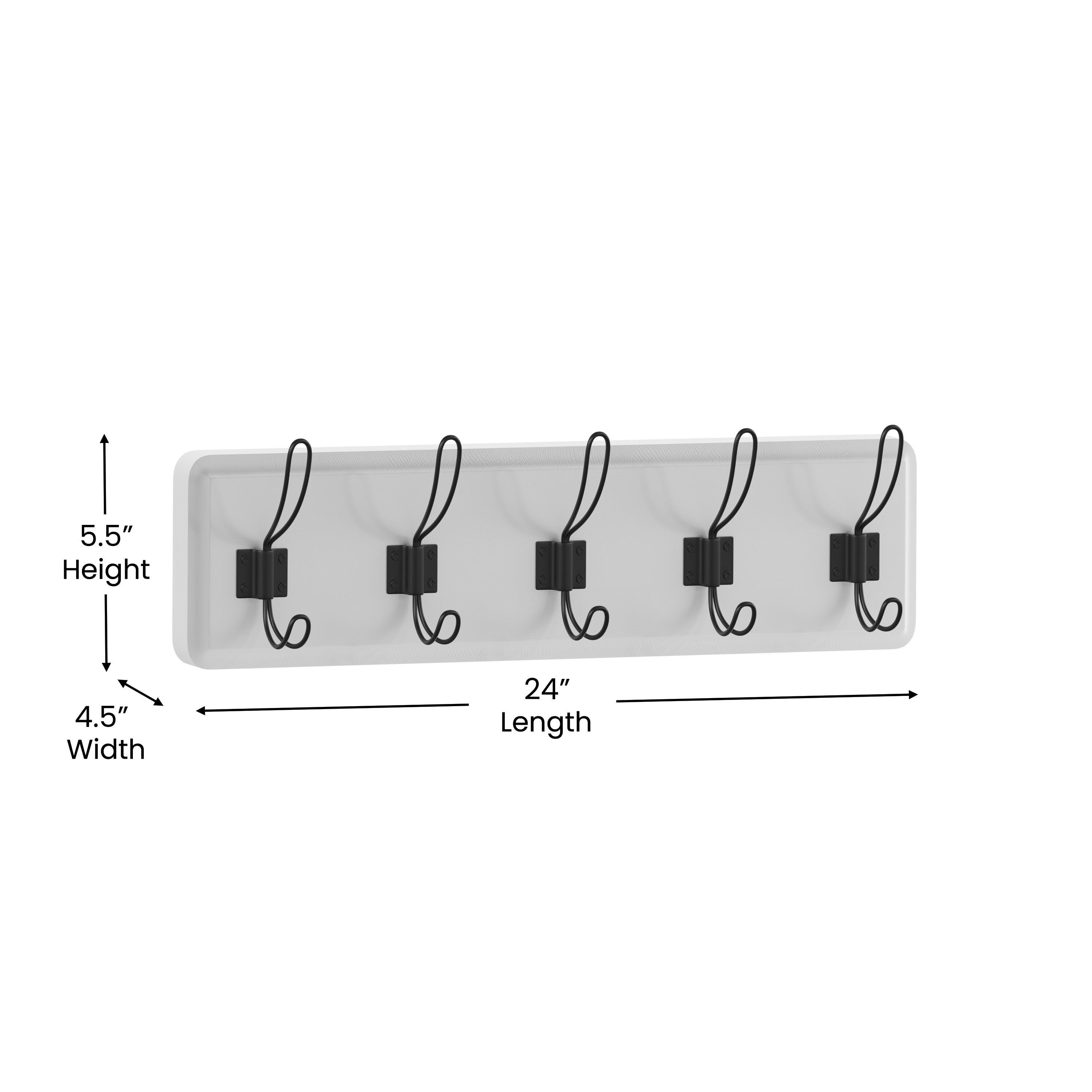 Daly Wall Mounted 24 Inch Solid White Solid Pine Wood Storage Rack with 5 Hooks For Entryway, Kitchen, Bathroom