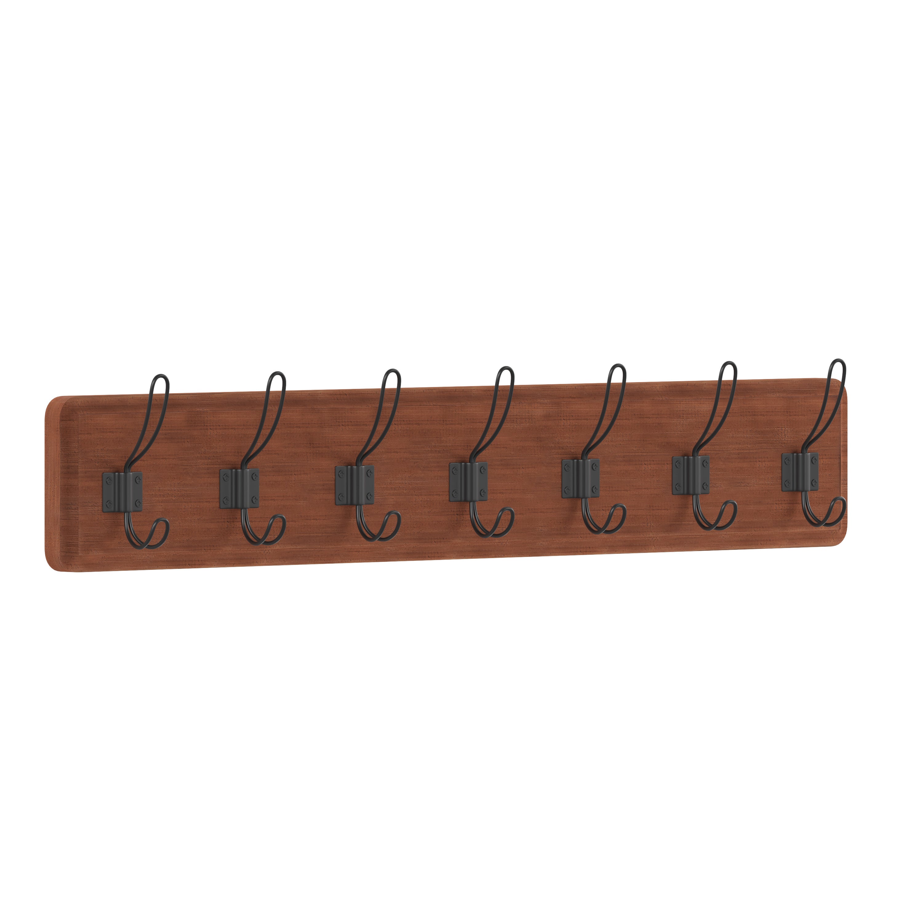 Daly Wall Mounted 34 Inch Brown Solid Pine Wood Storage Rack with 7 Hooks For Entryway, Kitchen, Bathroom