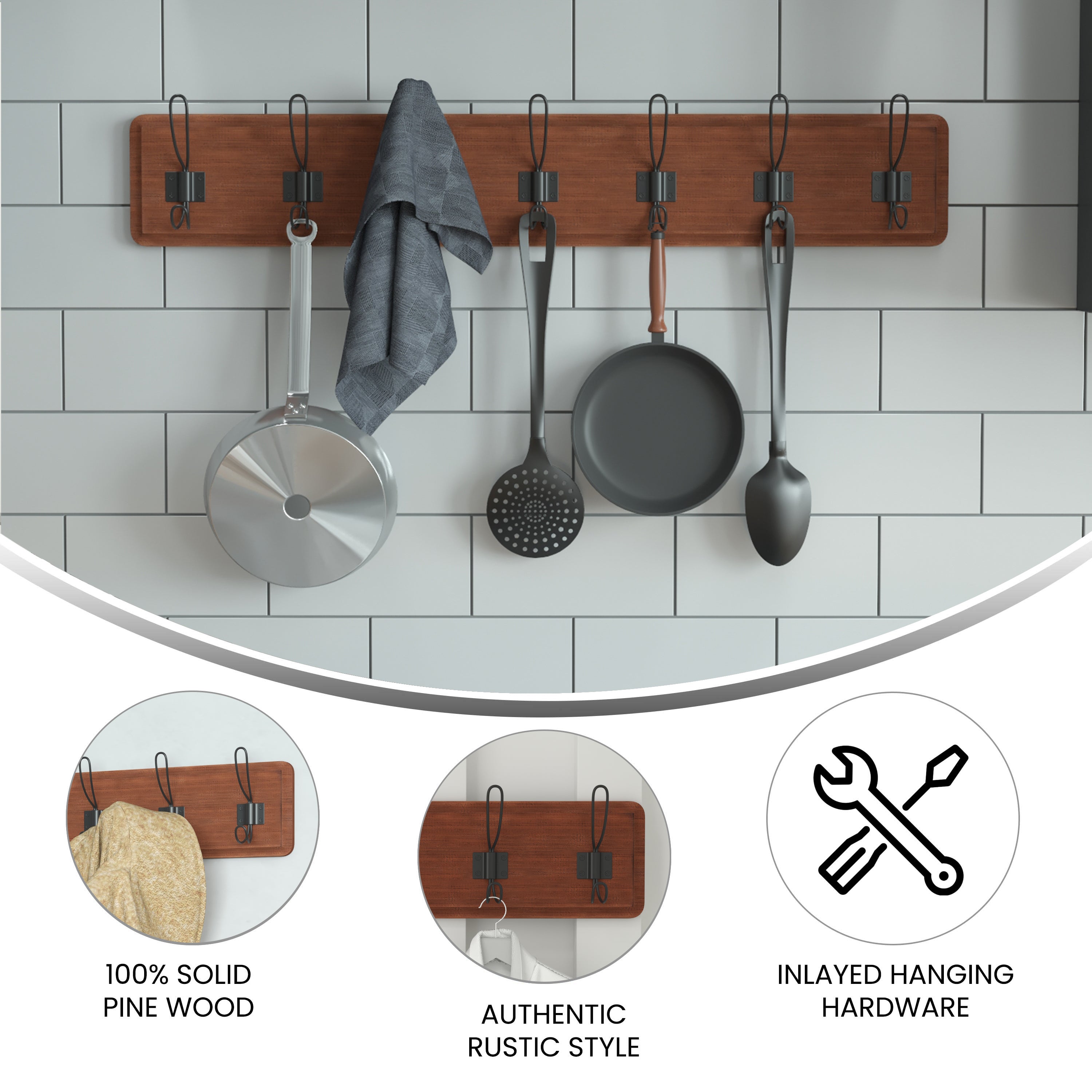 Daly Wall Mounted 34 Inch Brown Solid Pine Wood Storage Rack with 7 Hooks For Entryway, Kitchen, Bathroom