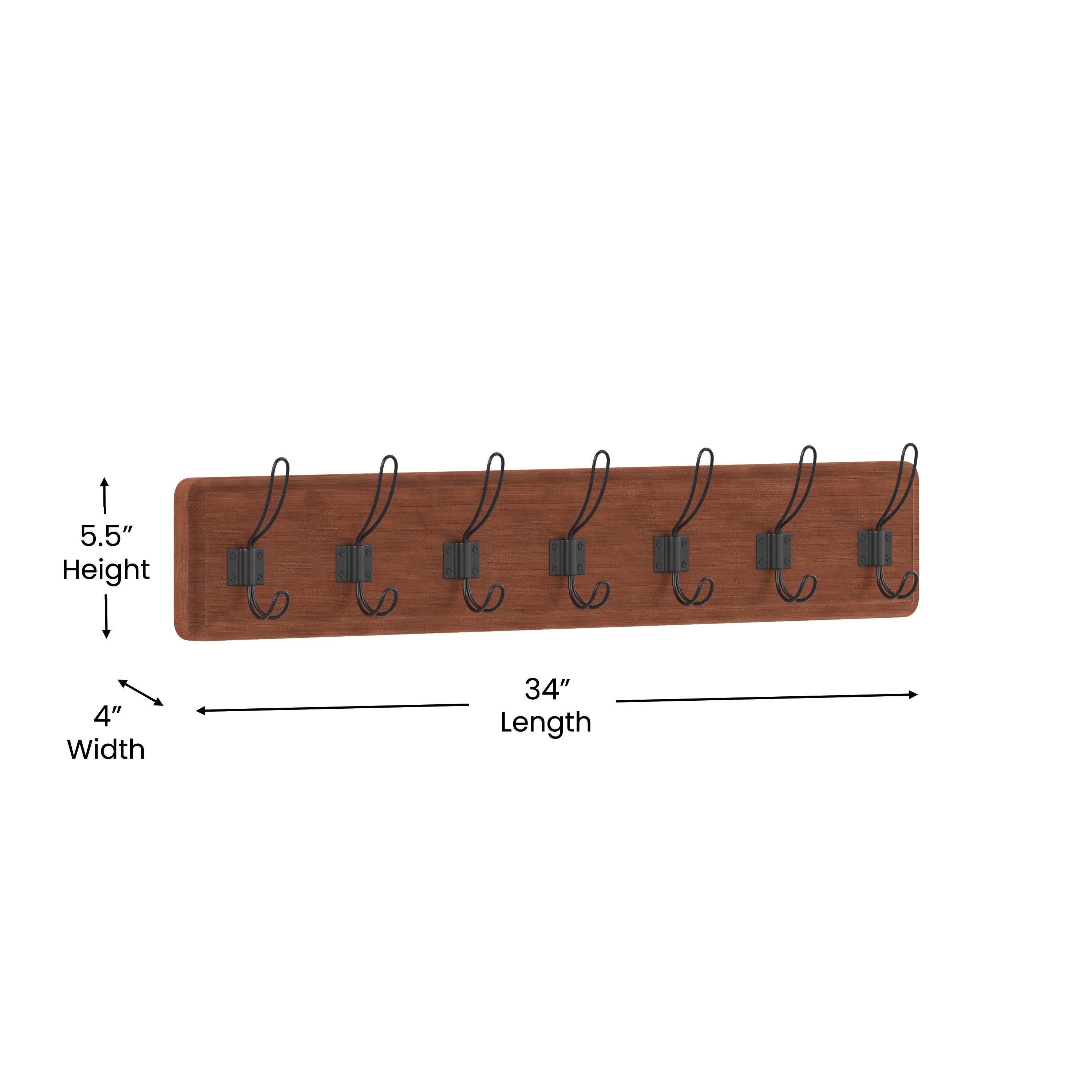 Daly Wall Mounted 34 Inch Brown Solid Pine Wood Storage Rack with 7 Hooks For Entryway, Kitchen, Bathroom