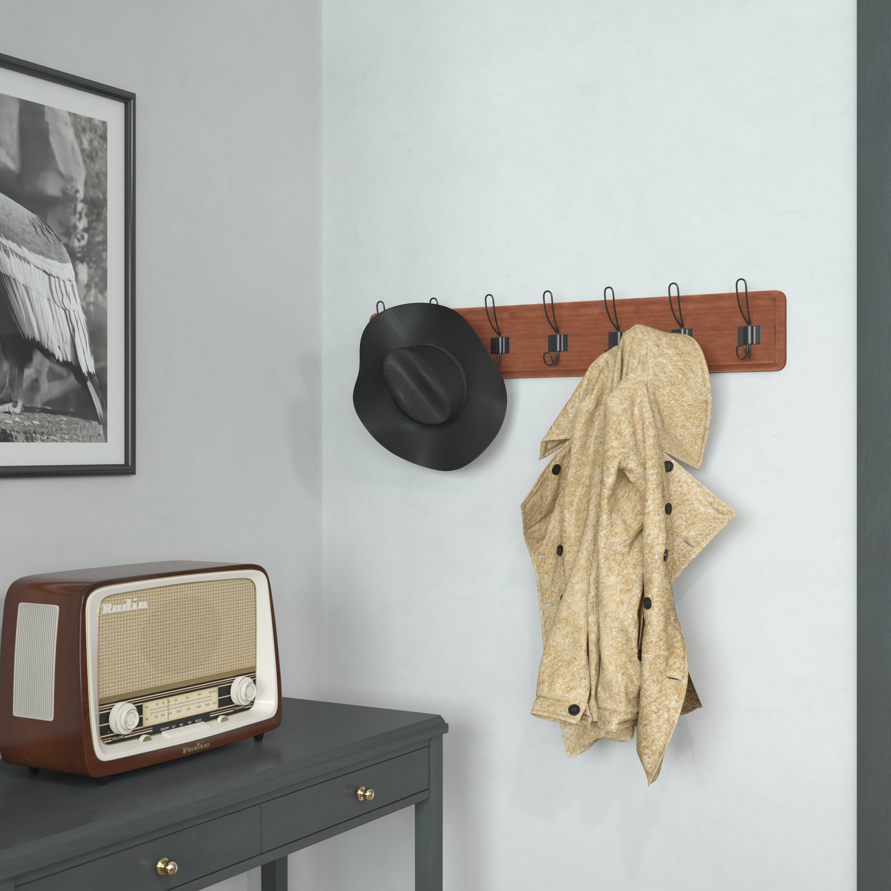 Daly Wall Mounted 34 Inch Brown Solid Pine Wood Storage Rack with 7 Hooks For Entryway, Kitchen, Bathroom