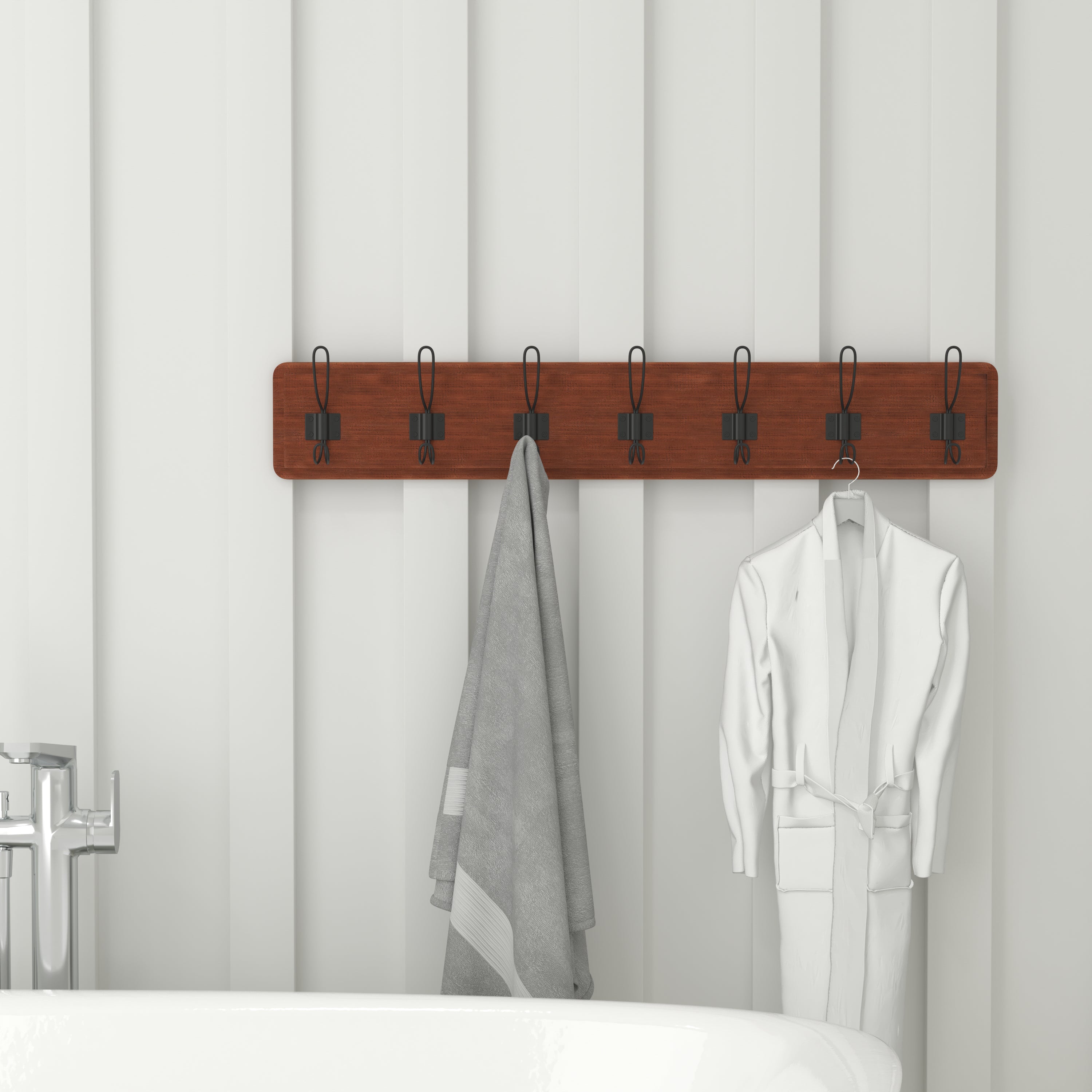 Daly Wall Mounted 34 Inch Brown Solid Pine Wood Storage Rack with 7 Hooks For Entryway, Kitchen, Bathroom