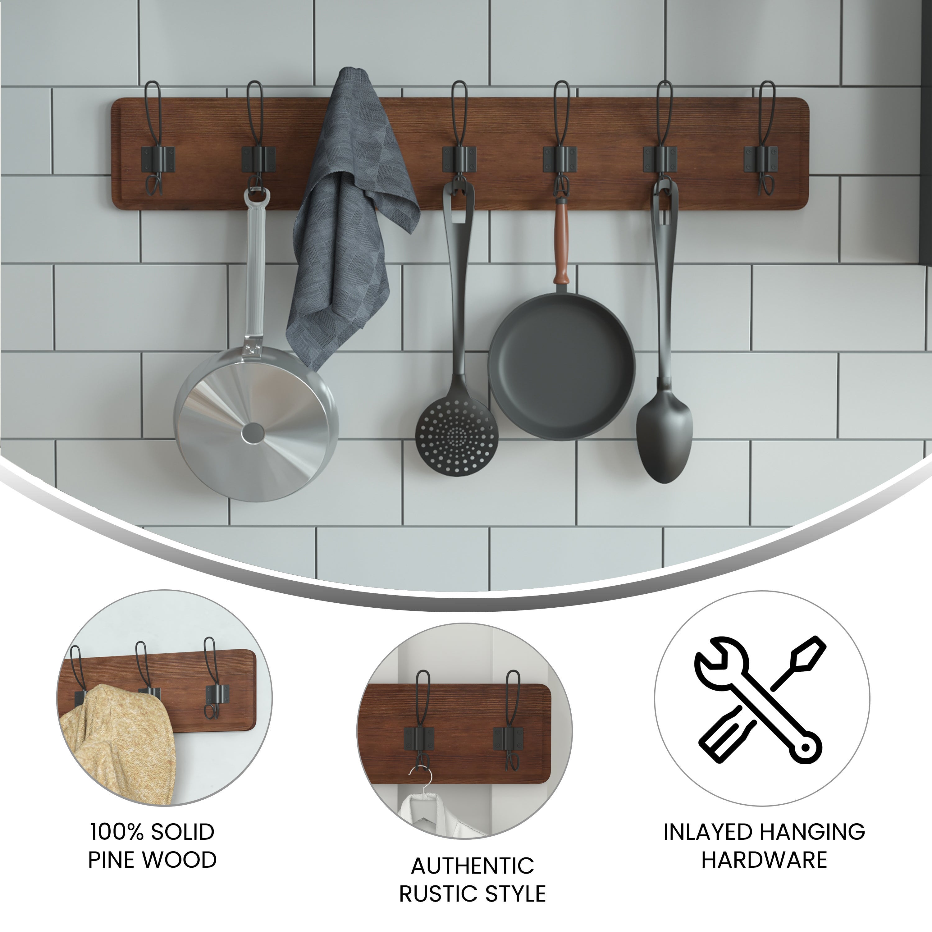 Daly Wall Mounted 34 Inch Rustic Brown Solid Pine Wood Storage Rack with 7 Hooks For Entryway, Kitchen, Bathroom
