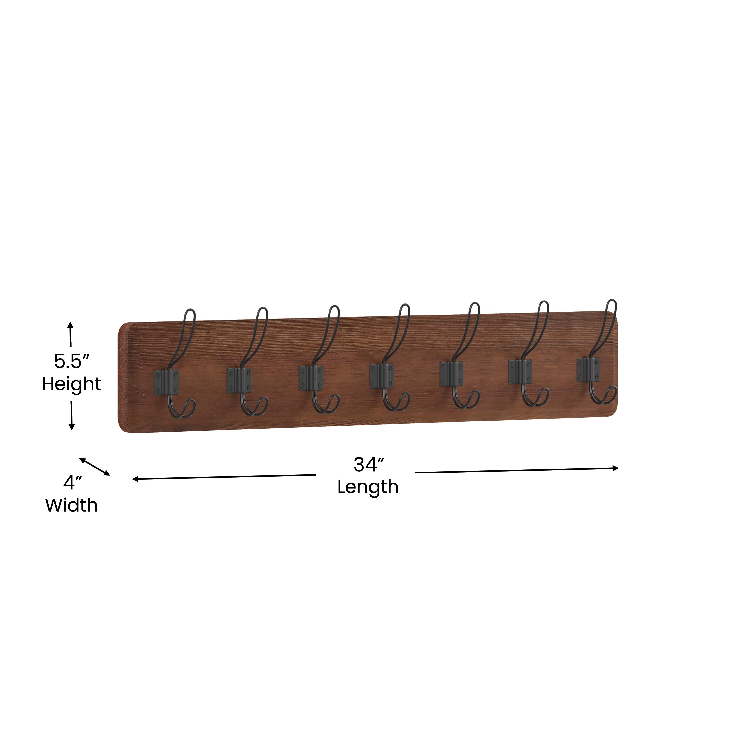 Daly Wall Mounted 34 Inch Rustic Brown Solid Pine Wood Storage Rack with 7 Hooks For Entryway, Kitchen, Bathroom
