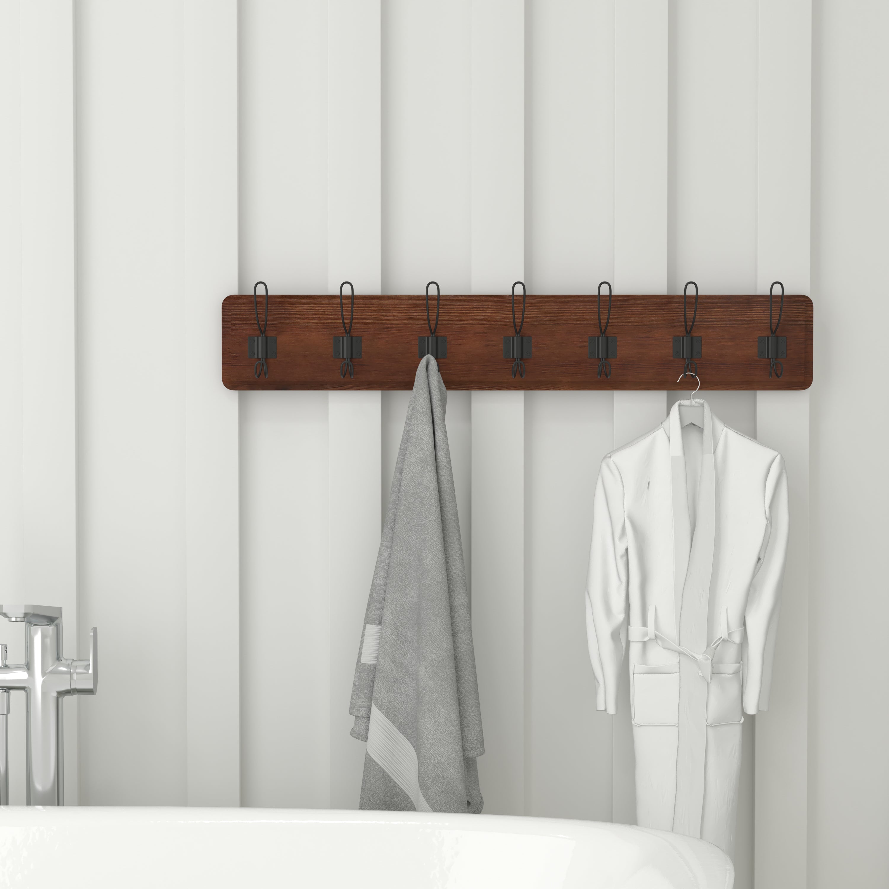 Daly Wall Mounted 34 Inch Rustic Brown Solid Pine Wood Storage Rack with 7 Hooks For Entryway, Kitchen, Bathroom