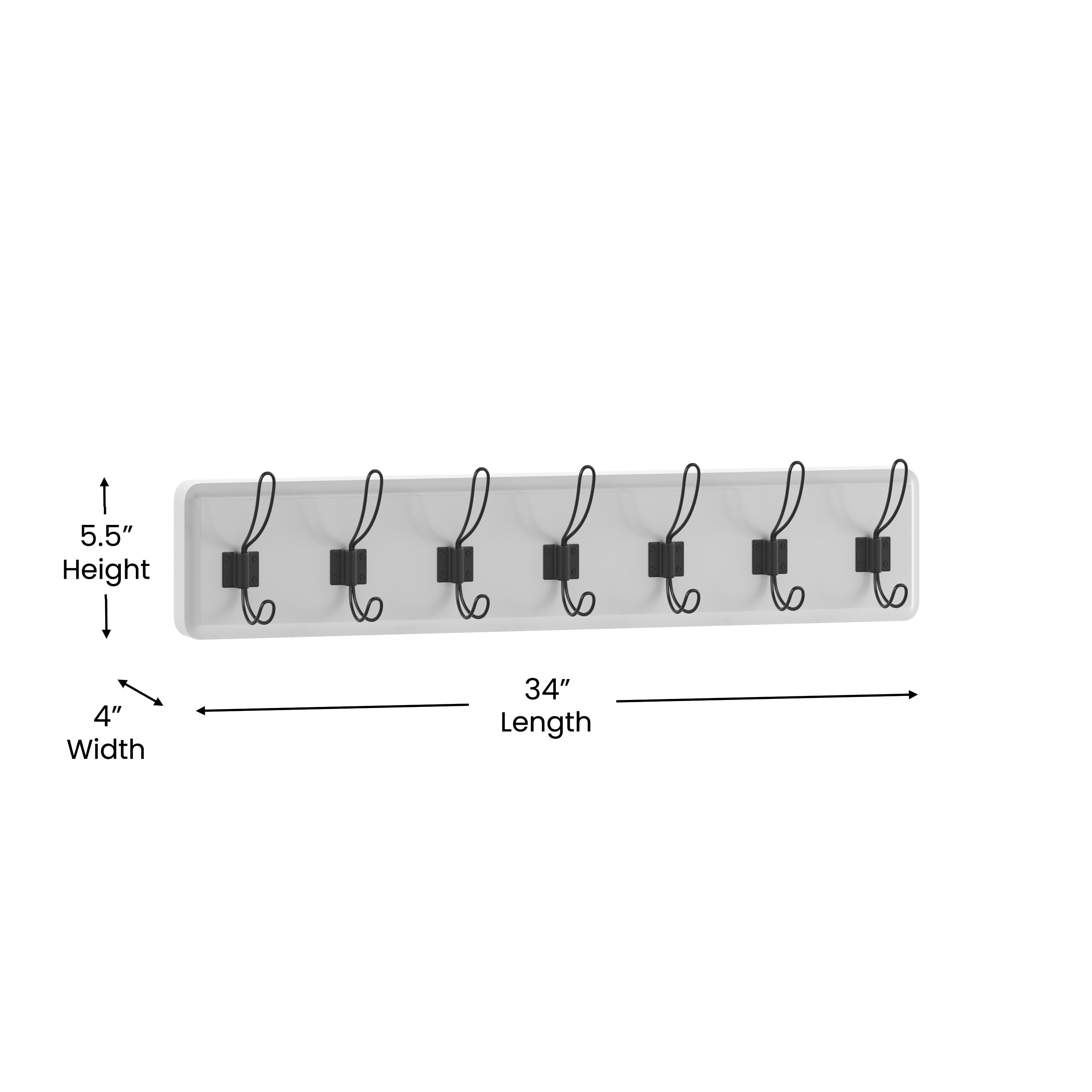 Daly Wall Mounted 34 Inch Solid White Pine Wood Storage Rack with 7 Hooks For Entryway, Kitchen, Bathroom