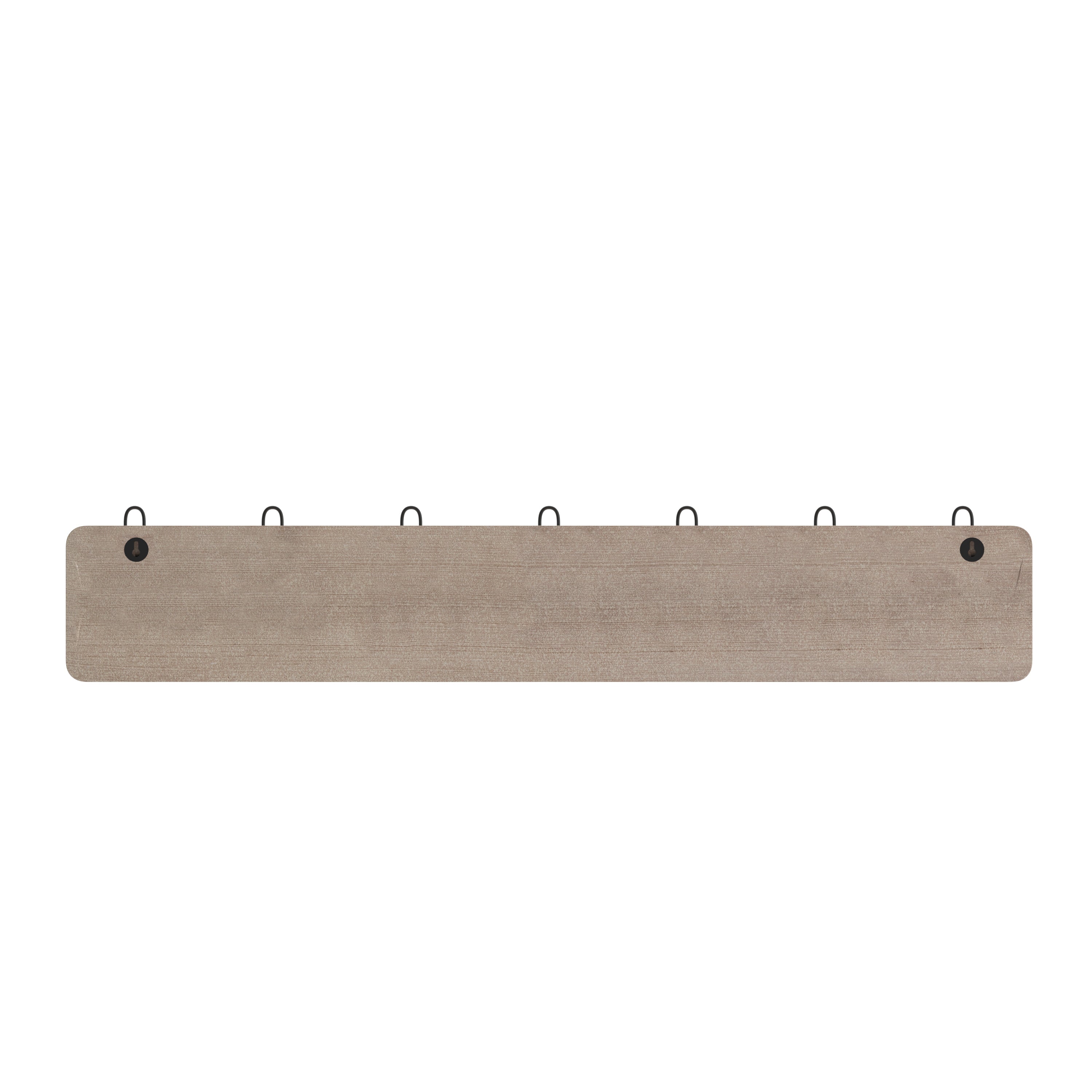 Daly Wall Mounted 34 Inch Weathered Brown Solid Pine Wood Storage Rack with 7 Hooks For Entryway, Kitchen, Bathroom