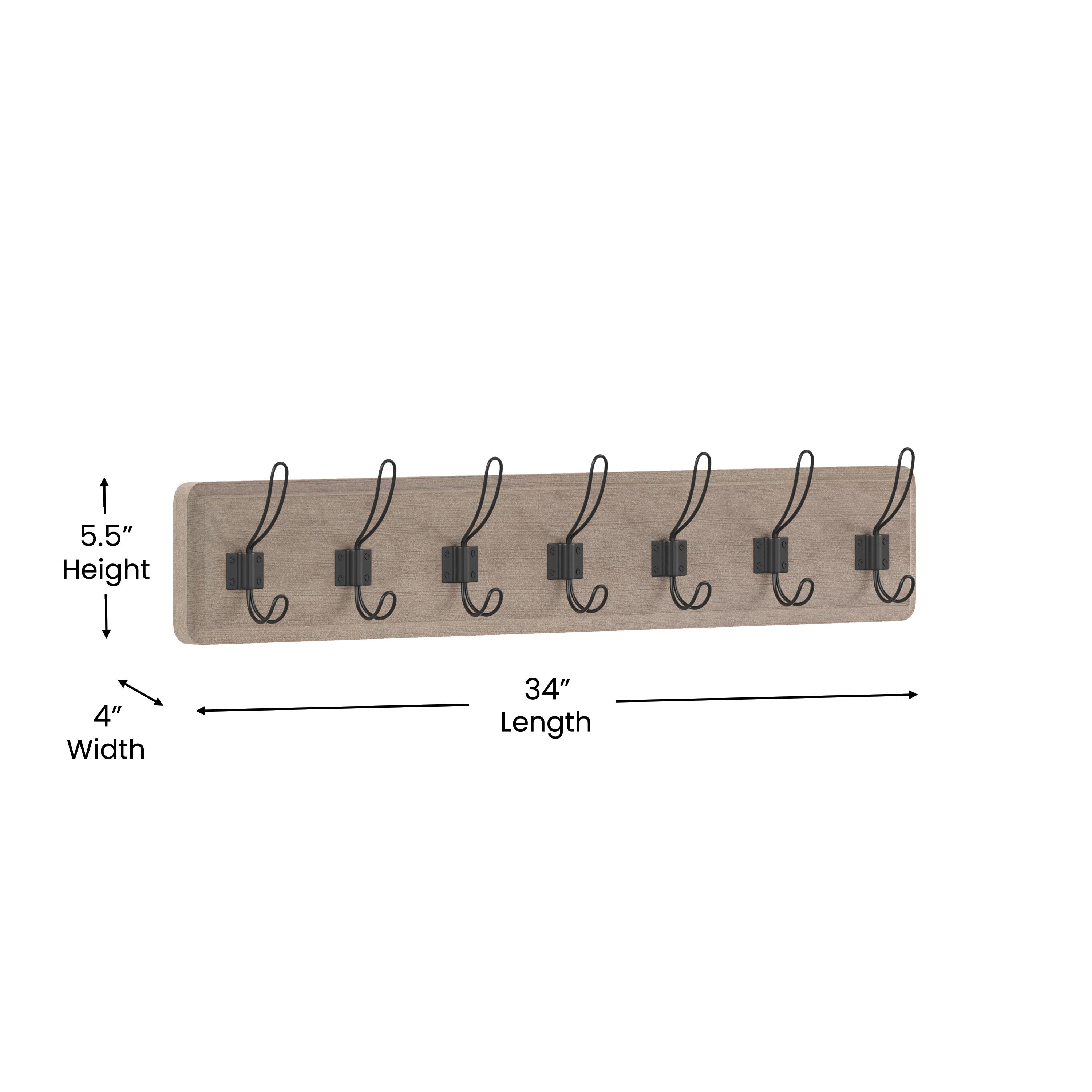 Daly Wall Mounted 34 Inch Weathered Brown Solid Pine Wood Storage Rack with 7 Hooks For Entryway, Kitchen, Bathroom