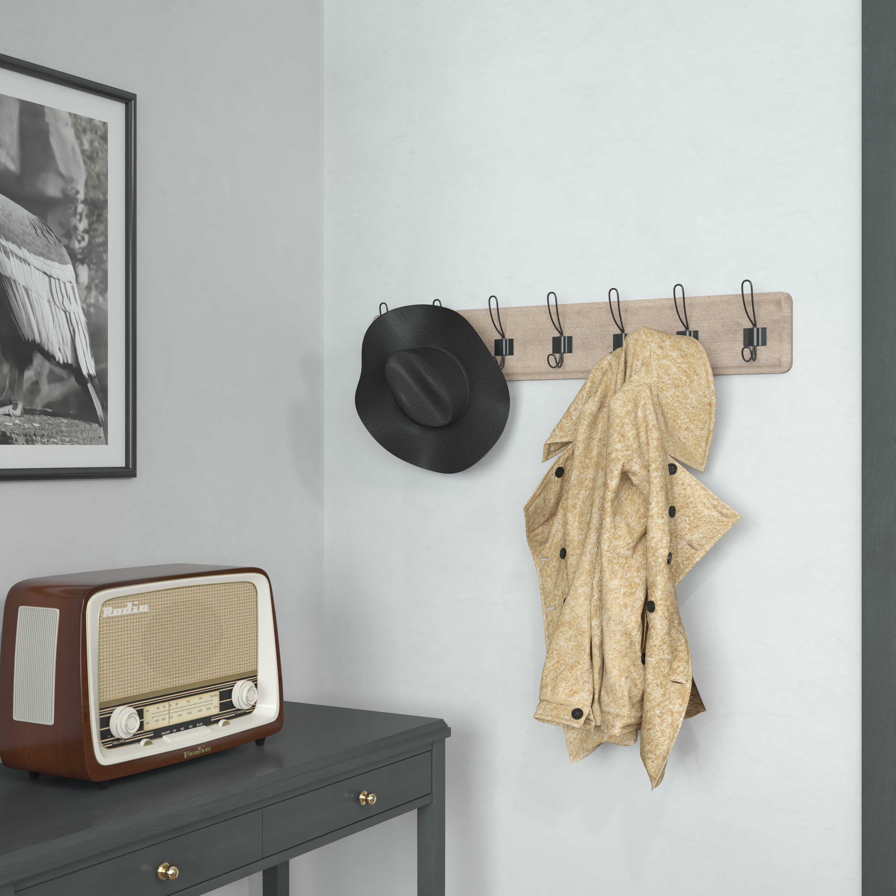 Daly Wall Mounted 34 Inch Weathered Brown Solid Pine Wood Storage Rack with 7 Hooks For Entryway, Kitchen, Bathroom