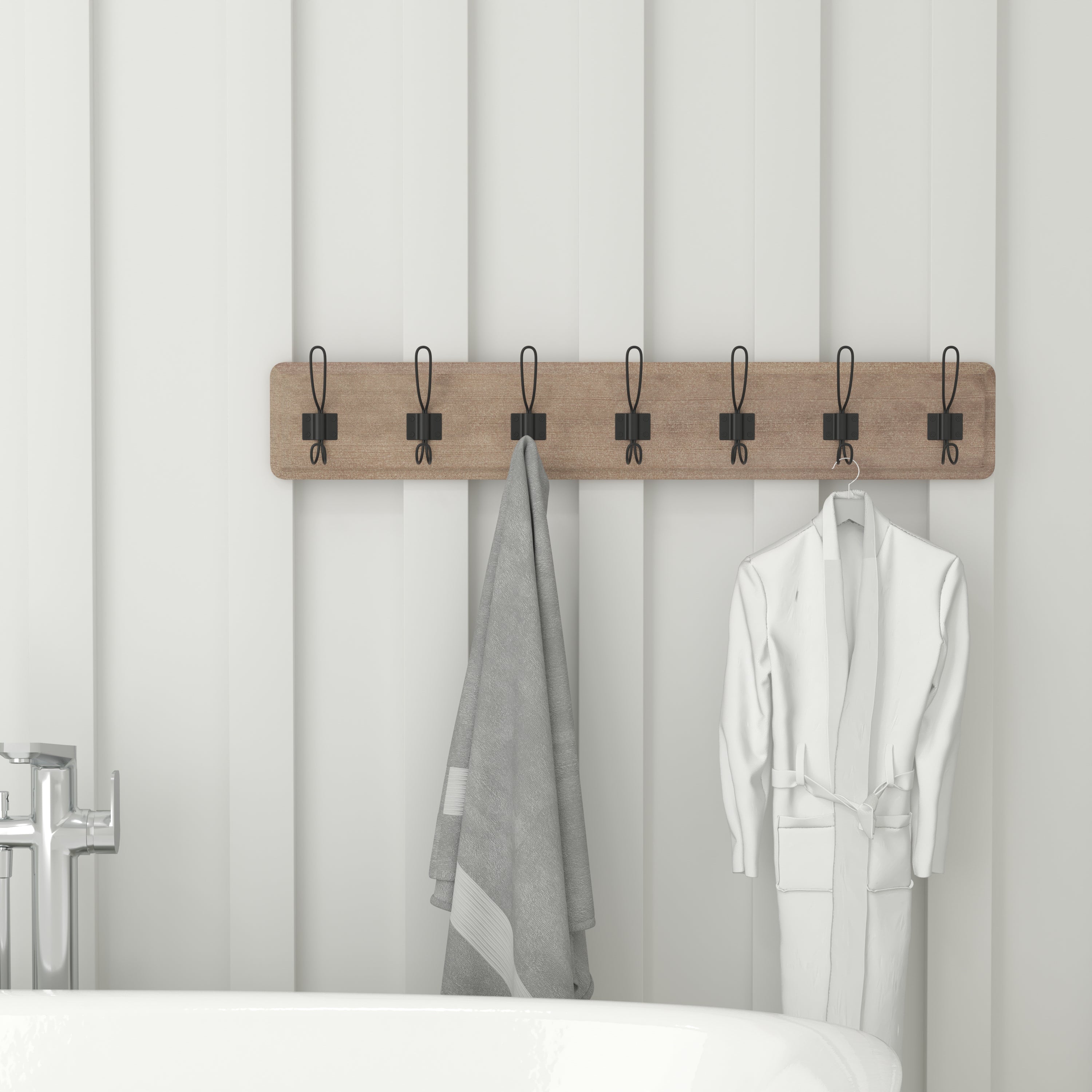 Daly Wall Mounted 34 Inch Weathered Brown Solid Pine Wood Storage Rack with 7 Hooks For Entryway, Kitchen, Bathroom