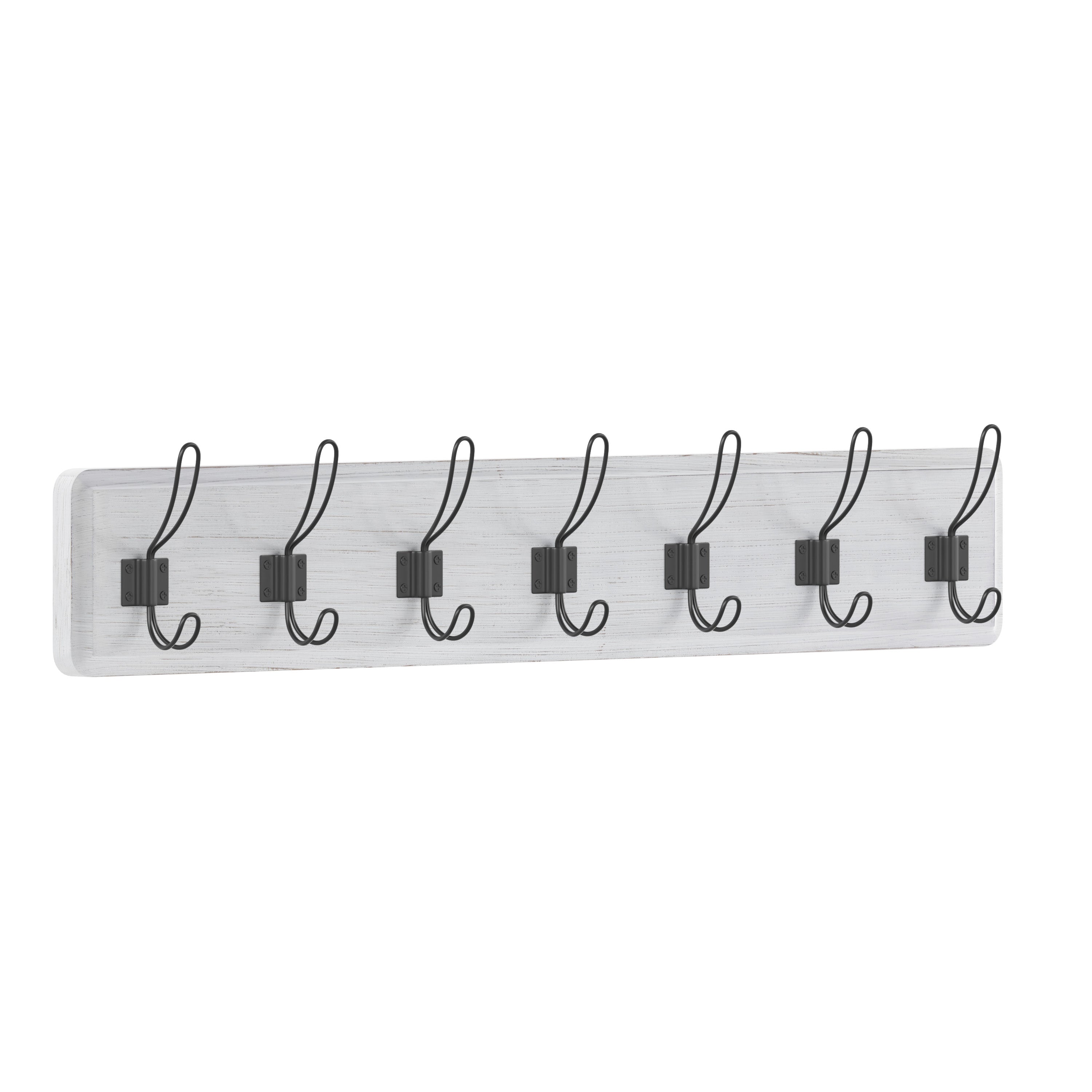 Daly Wall Mounted 34 Inch White Wash Solid Pine Wood Storage Rack with 7 Hooks For Entryway, Kitchen, Bathroom