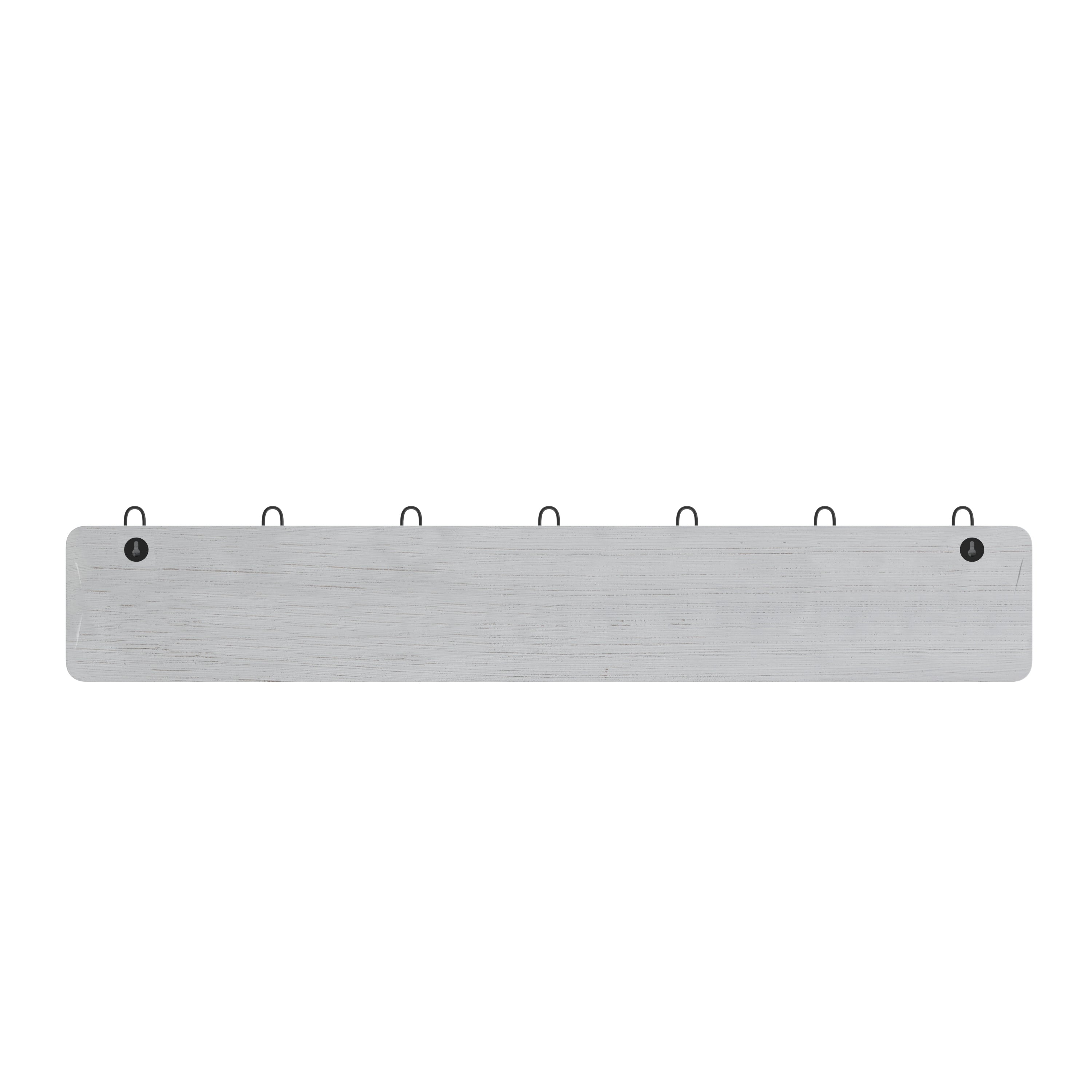 Daly Wall Mounted 34 Inch White Wash Solid Pine Wood Storage Rack with 7 Hooks For Entryway, Kitchen, Bathroom