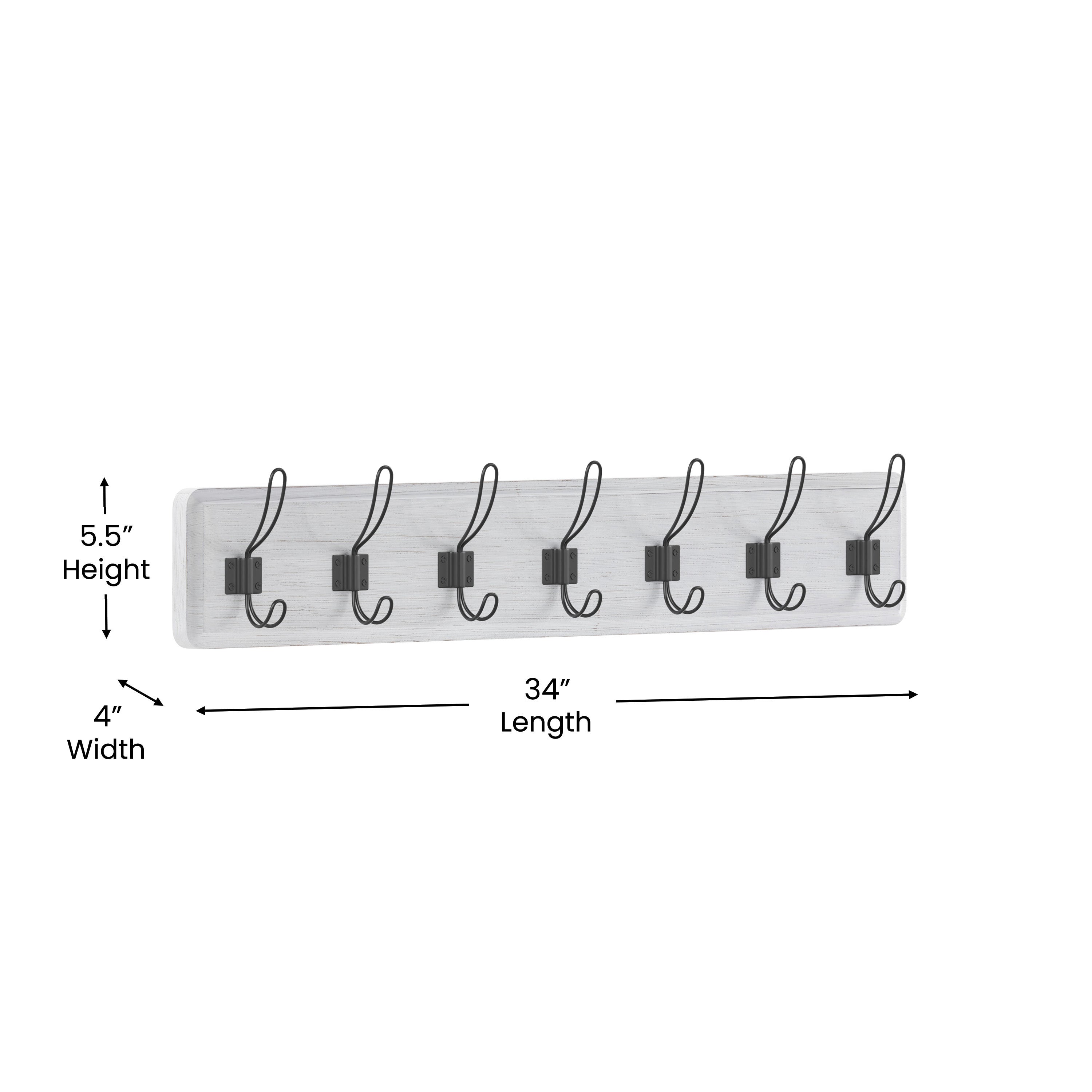 Daly Wall Mounted 34 Inch White Wash Solid Pine Wood Storage Rack with 7 Hooks For Entryway, Kitchen, Bathroom