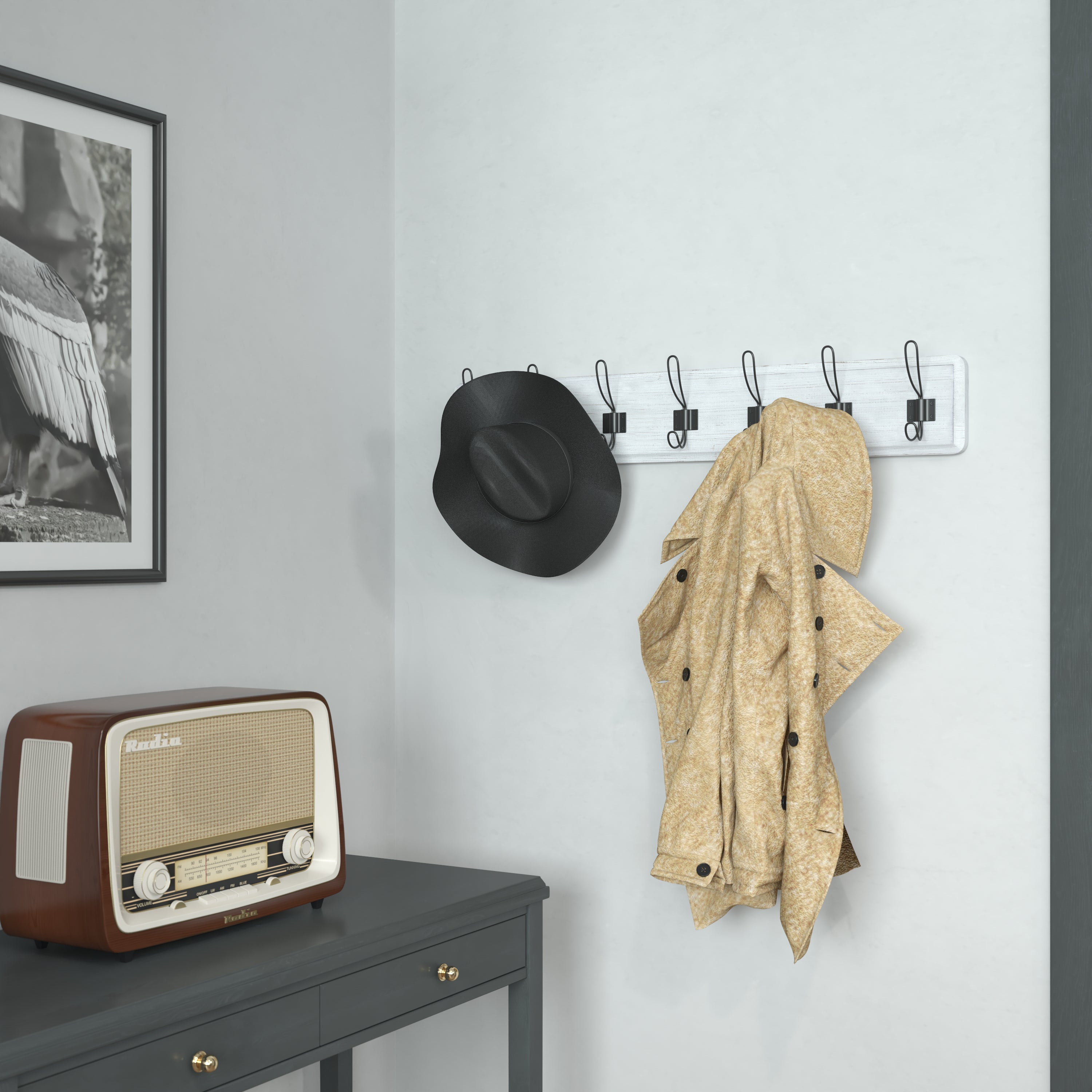 Daly Wall Mounted 34 Inch White Wash Solid Pine Wood Storage Rack with 7 Hooks For Entryway, Kitchen, Bathroom