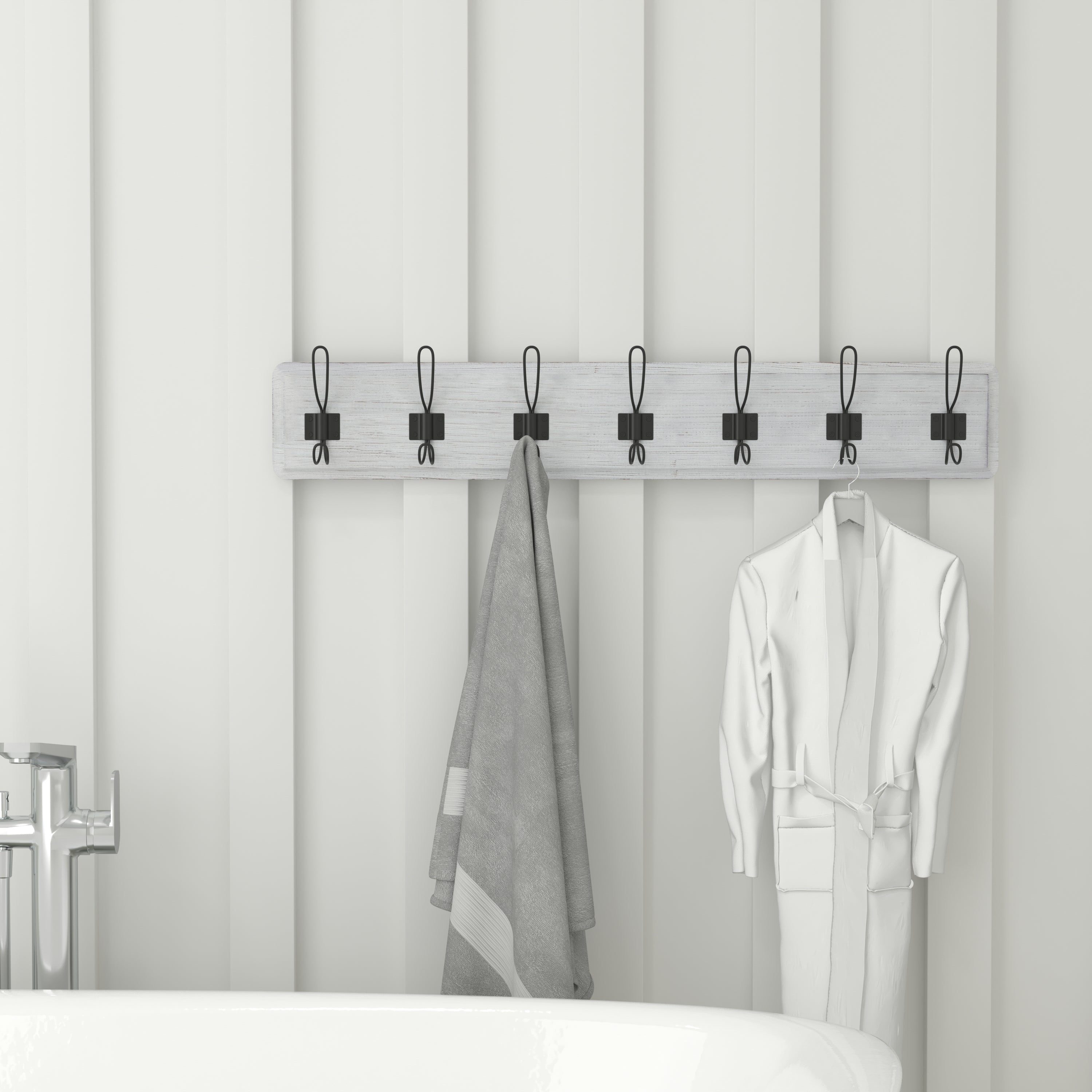 Daly Wall Mounted 34 Inch White Wash Solid Pine Wood Storage Rack with 7 Hooks For Entryway, Kitchen, Bathroom
