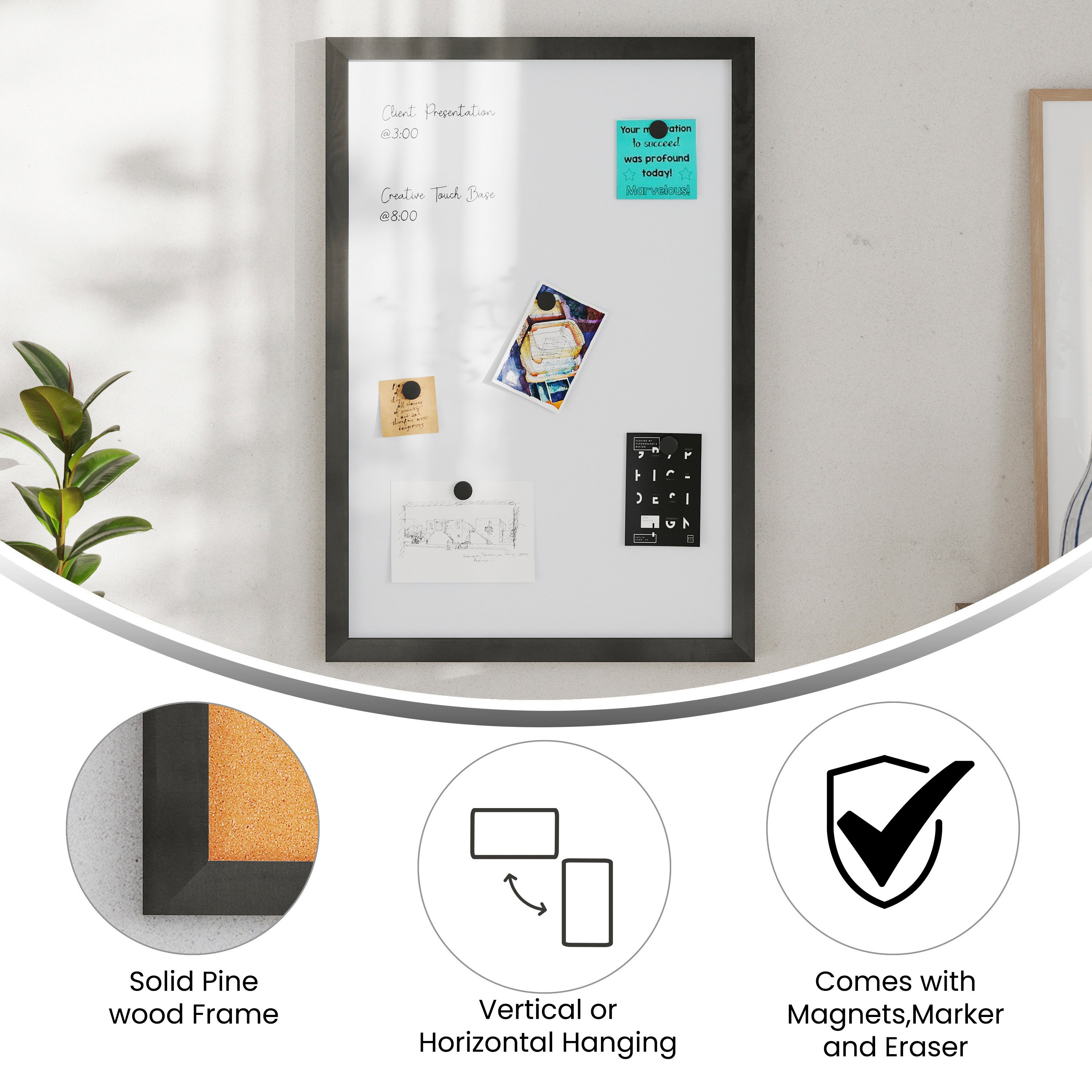 Bristol 20x30 Wall Mount White Board with Included Dry Erase Marker, 4 Magnets, and Eraser for Home, School or Business in Black