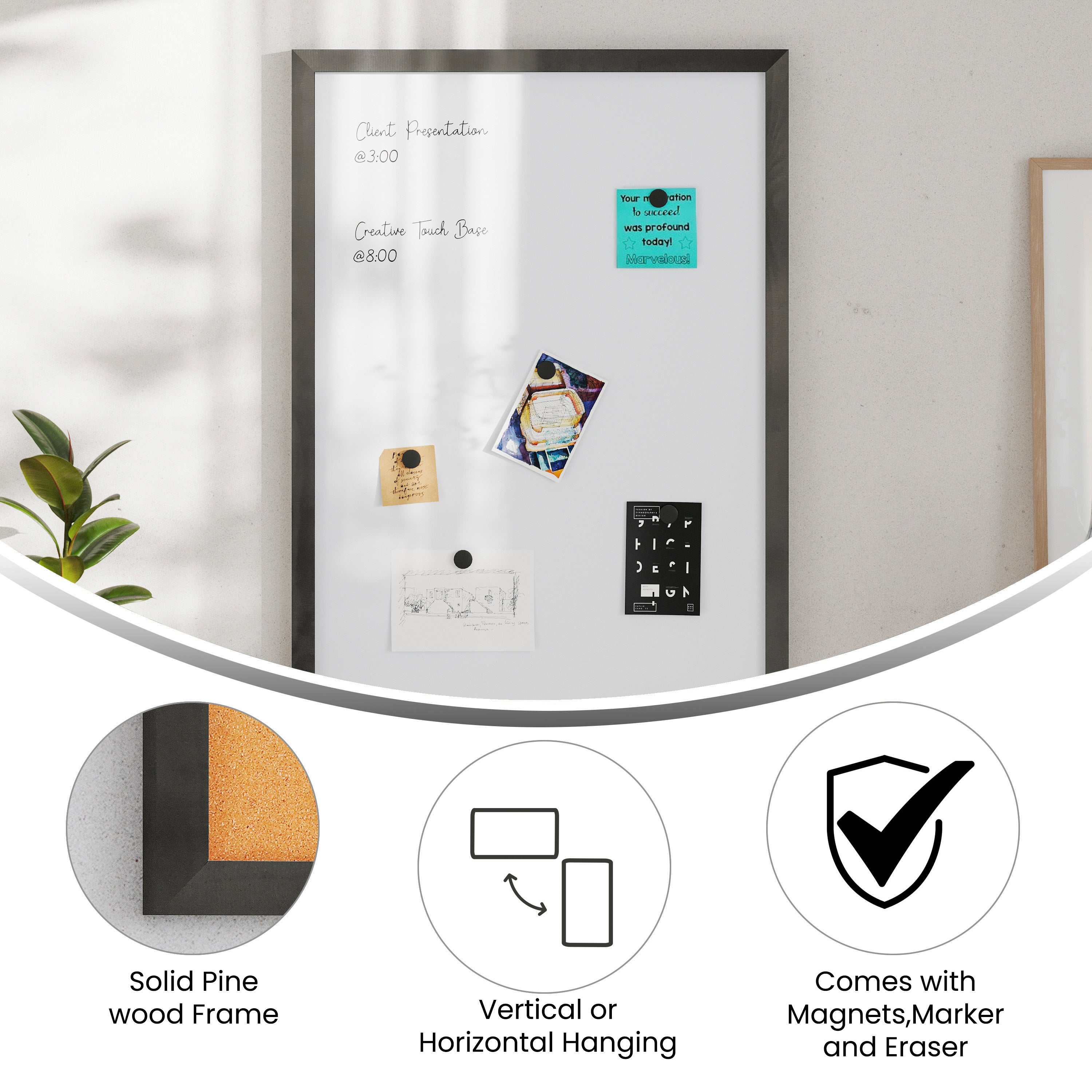 Bristol 24x36 Wall Mount White Board with Included Dry Erase Marker, 4 Magnets, and Eraser for Home, School or Business in Black