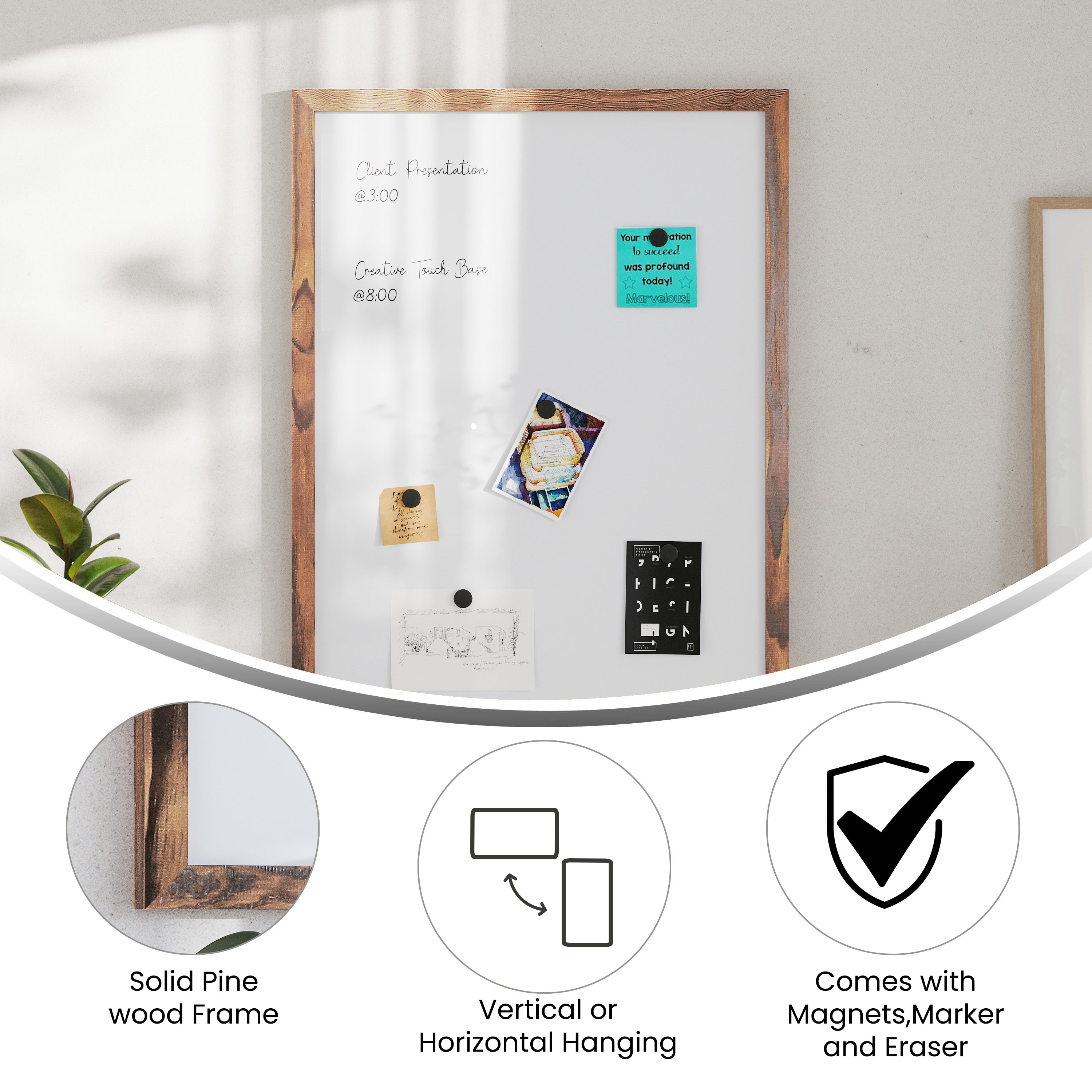 Bristol 24x36 Wall Mount White Board with Included Dry Erase Marker, 4 Magnets, and Eraser for Home, School or Business in Torched Brown