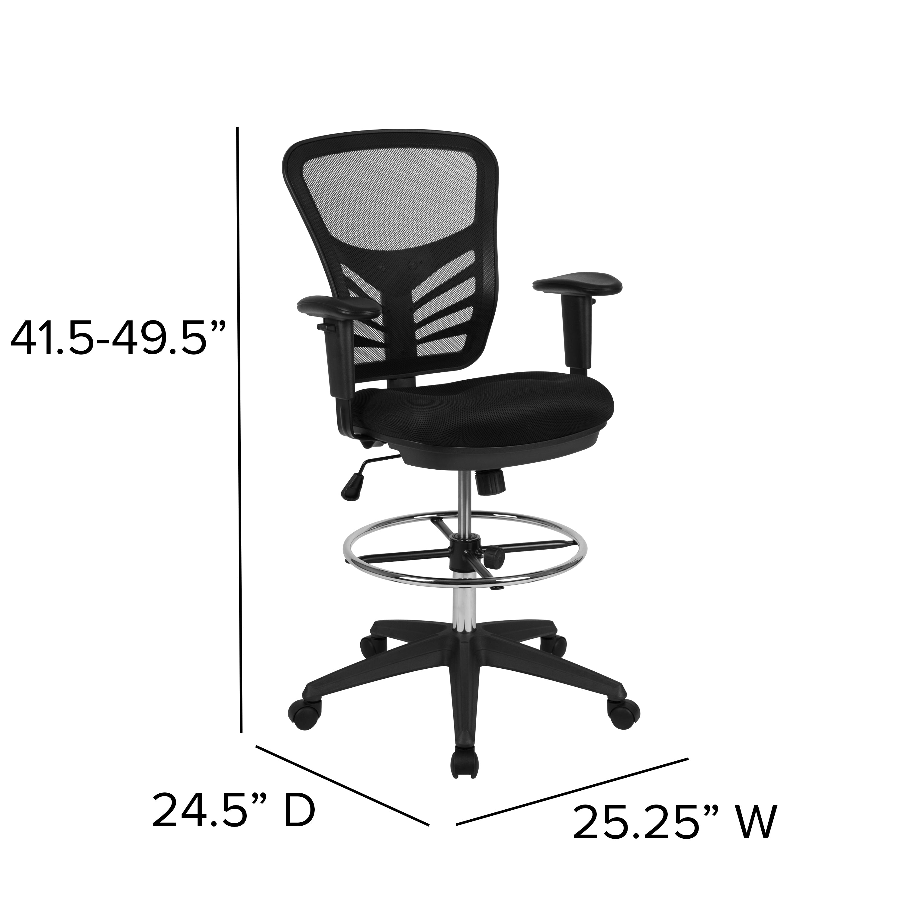 Tyler Mid-Back Black Mesh Ergonomic Drafting Chair with Adjustable Chrome Foot Ring, Adjustable Arms and Black Frame