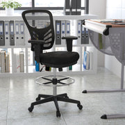 Tyler Mid-Back Black Mesh Ergonomic Drafting Chair with Adjustable Chrome Foot Ring, Adjustable Arms and Black Frame
