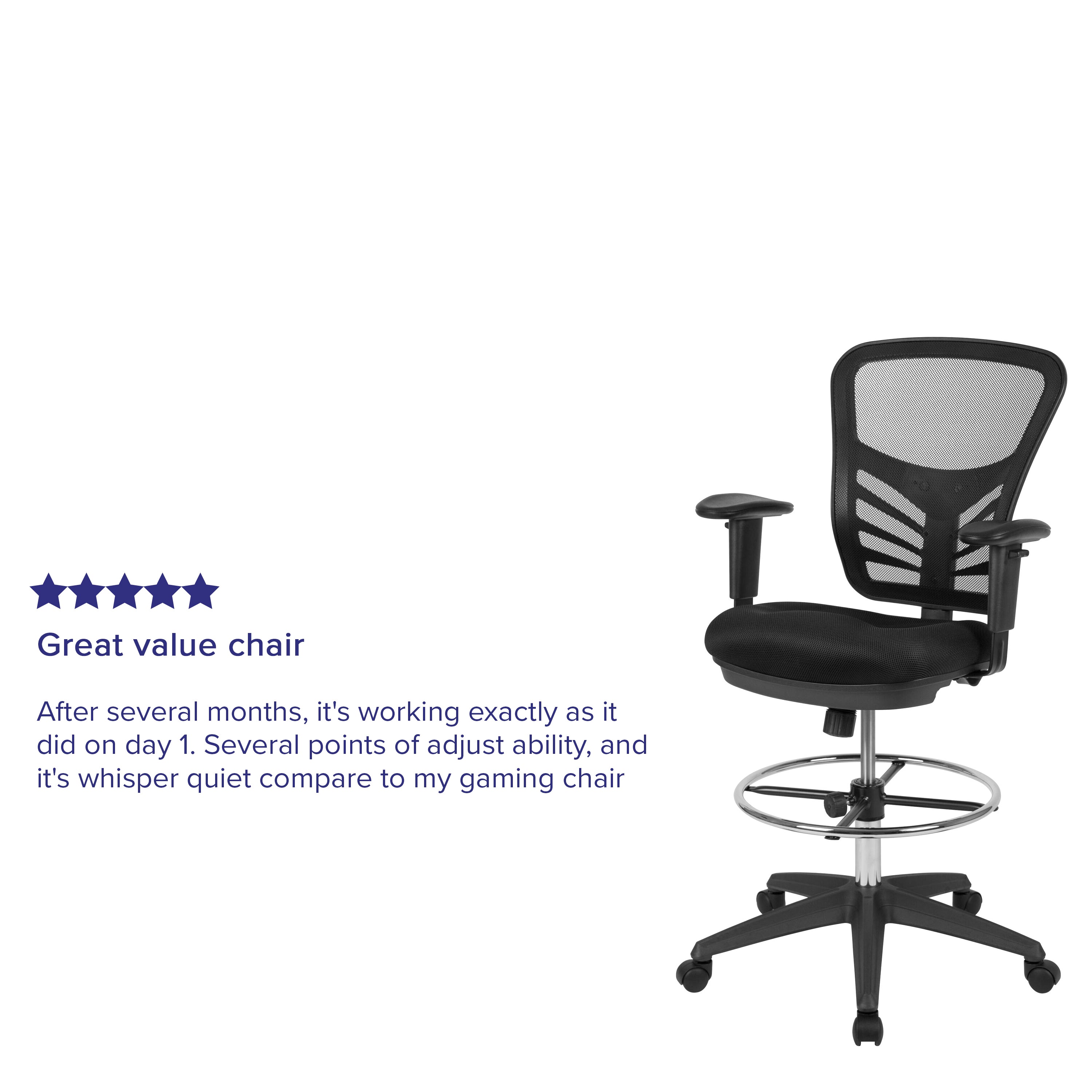 Tyler Mid-Back Black Mesh Ergonomic Drafting Chair with Adjustable Chrome Foot Ring, Adjustable Arms and Black Frame