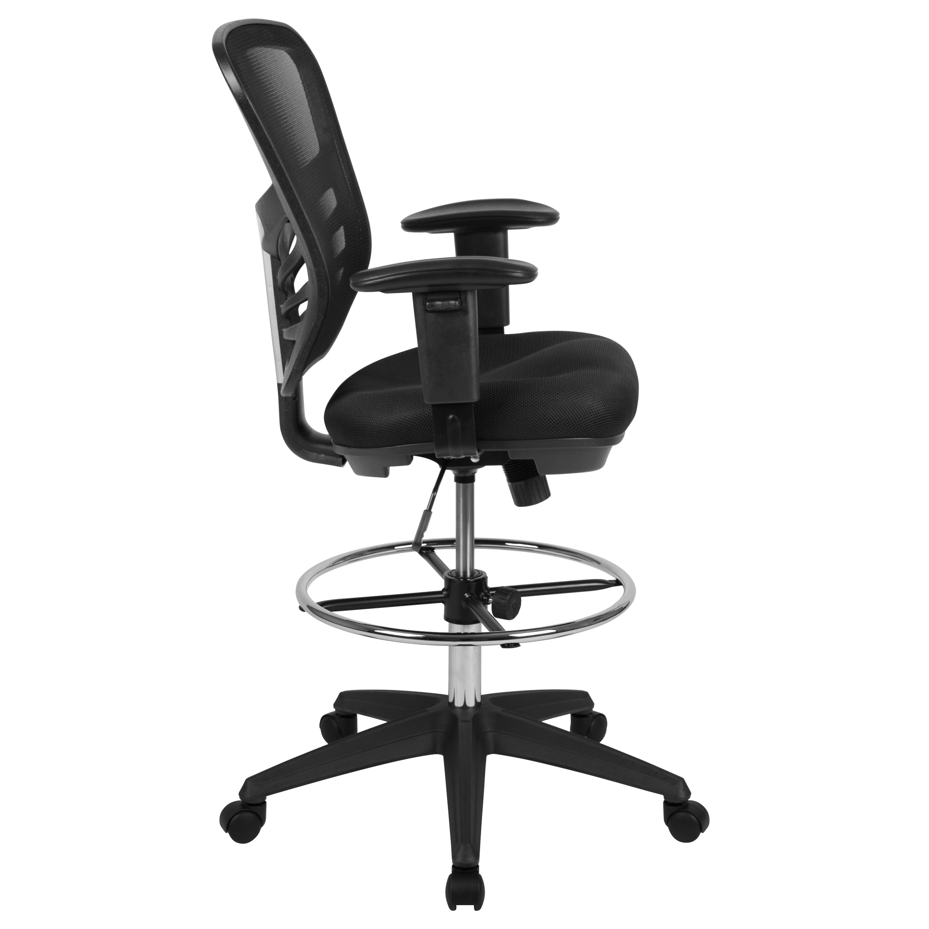 Tyler Mid-Back Black Mesh Ergonomic Drafting Chair with Adjustable Chrome Foot Ring, Adjustable Arms and Black Frame