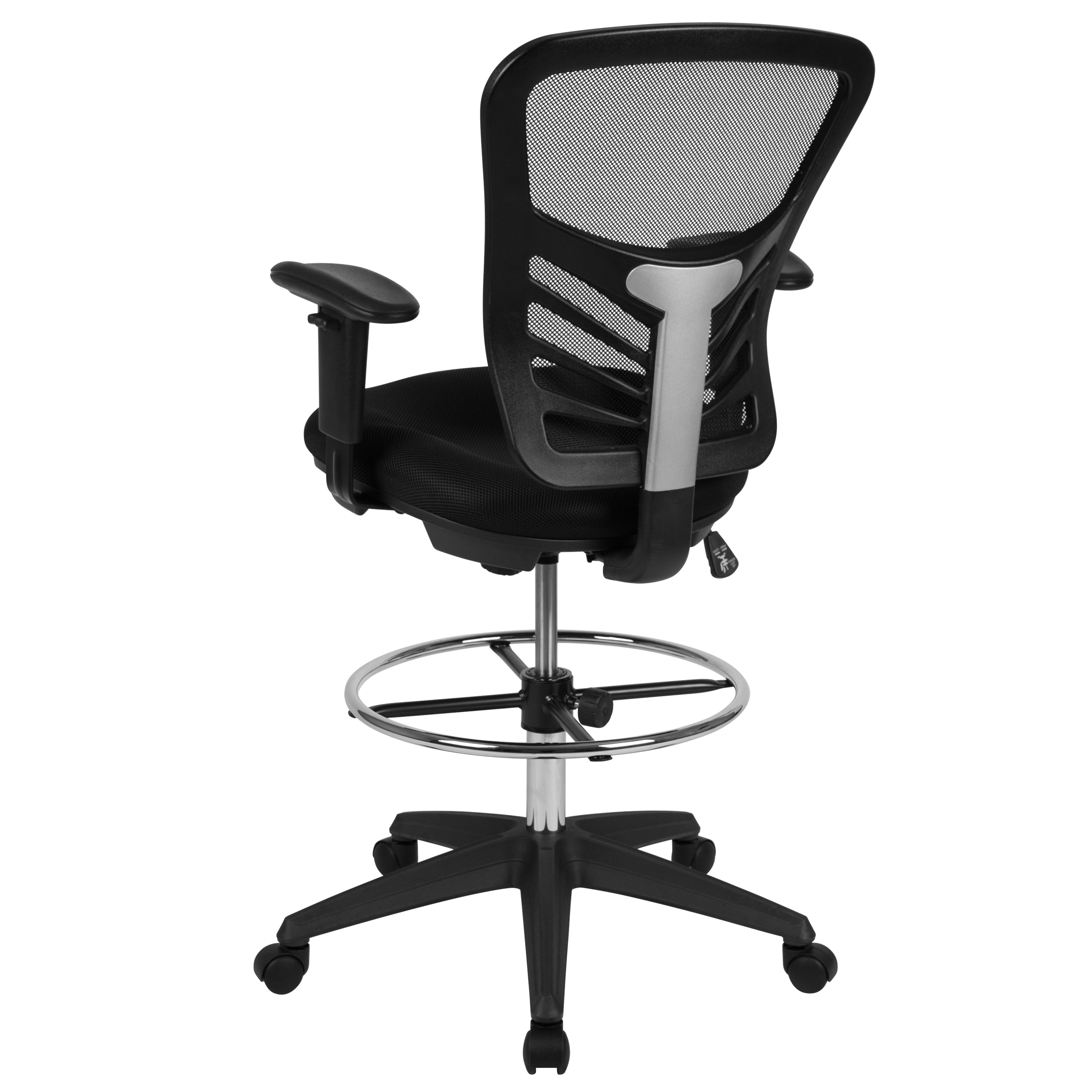Tyler Mid-Back Black Mesh Ergonomic Drafting Chair with Adjustable Chrome Foot Ring, Adjustable Arms and Black Frame