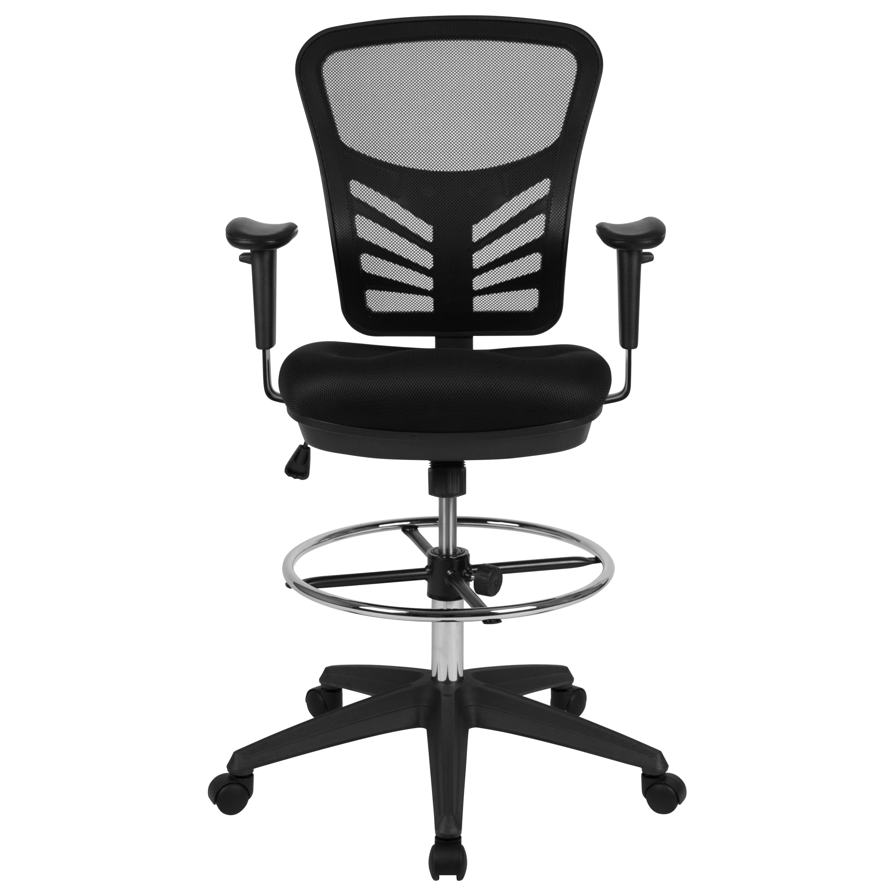Tyler Mid-Back Black Mesh Ergonomic Drafting Chair with Adjustable Chrome Foot Ring, Adjustable Arms and Black Frame