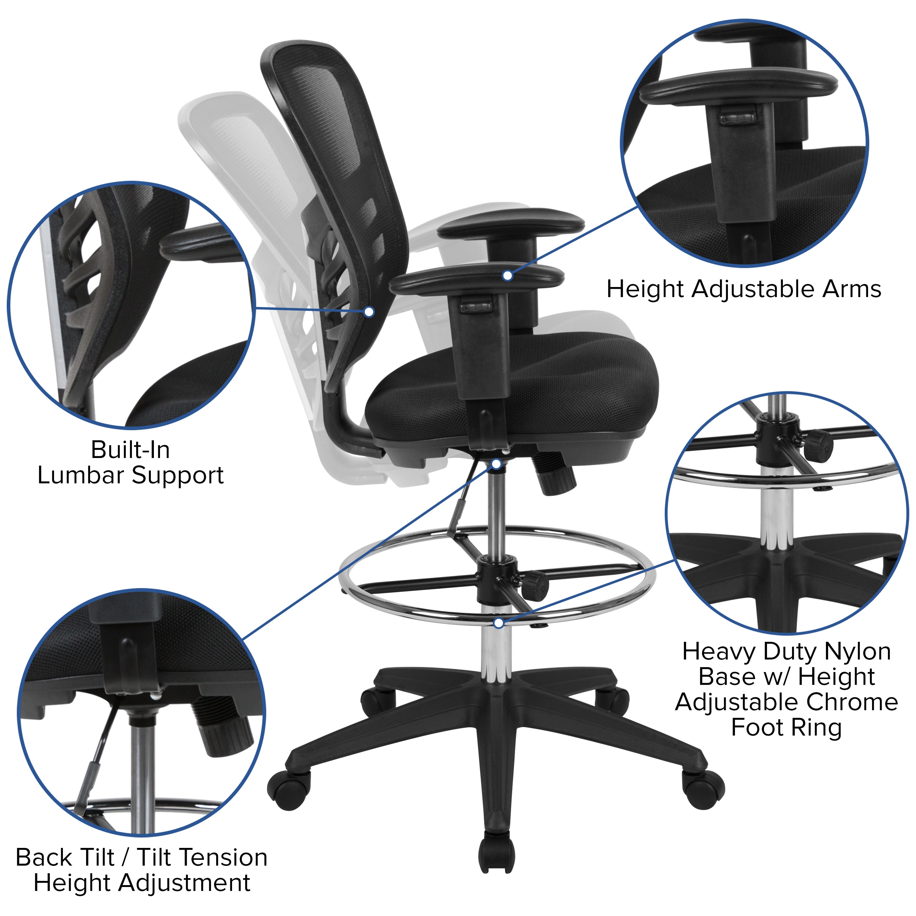 Tyler Mid-Back Black Mesh Ergonomic Drafting Chair with Adjustable Chrome Foot Ring, Adjustable Arms and Black Frame