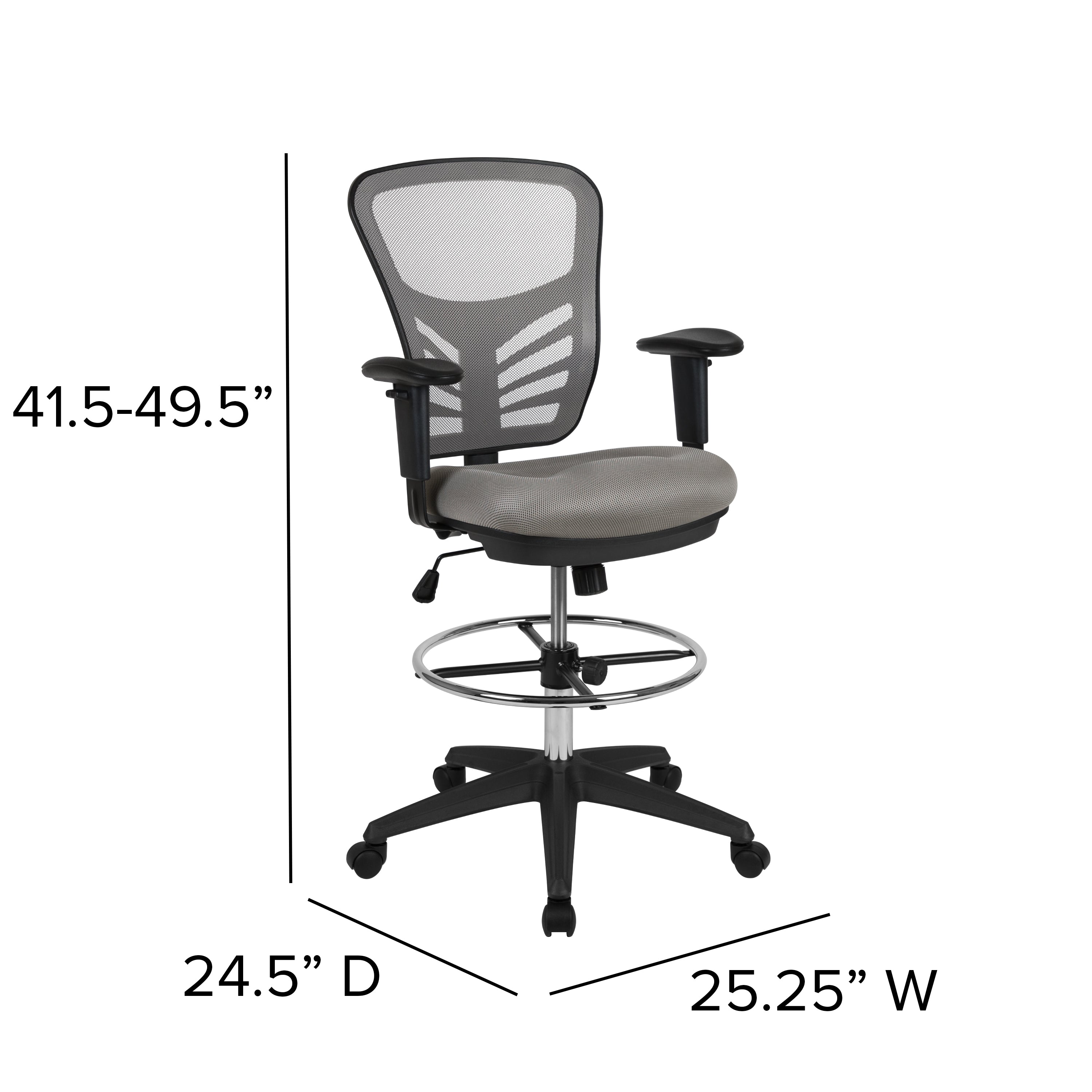 Tyler Mid-Back Light Gray Mesh Ergonomic Drafting Chair with Adjustable Chrome Foot Ring, Adjustable Arms and Black Frame