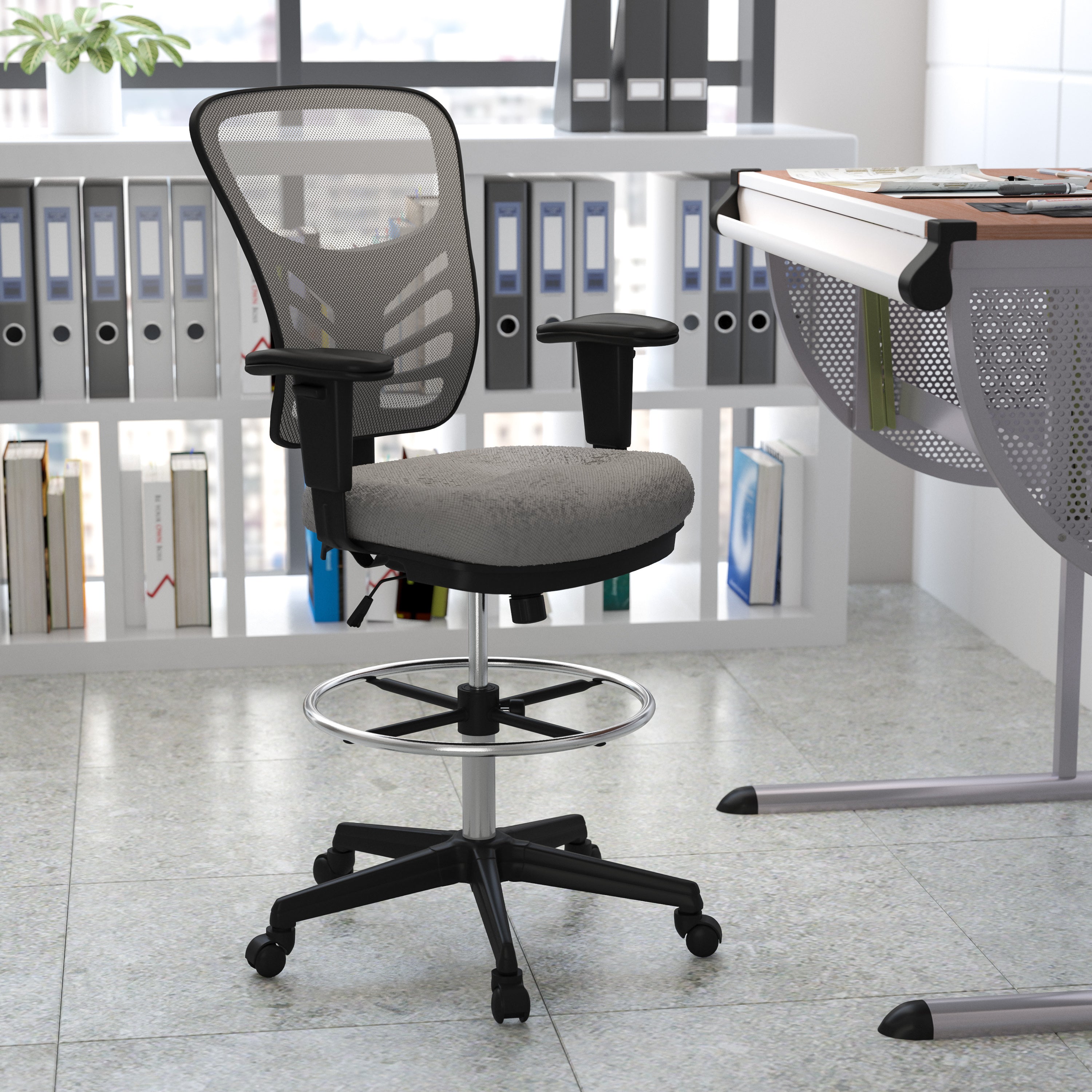 Tyler Mid-Back Light Gray Mesh Ergonomic Drafting Chair with Adjustable Chrome Foot Ring, Adjustable Arms and Black Frame