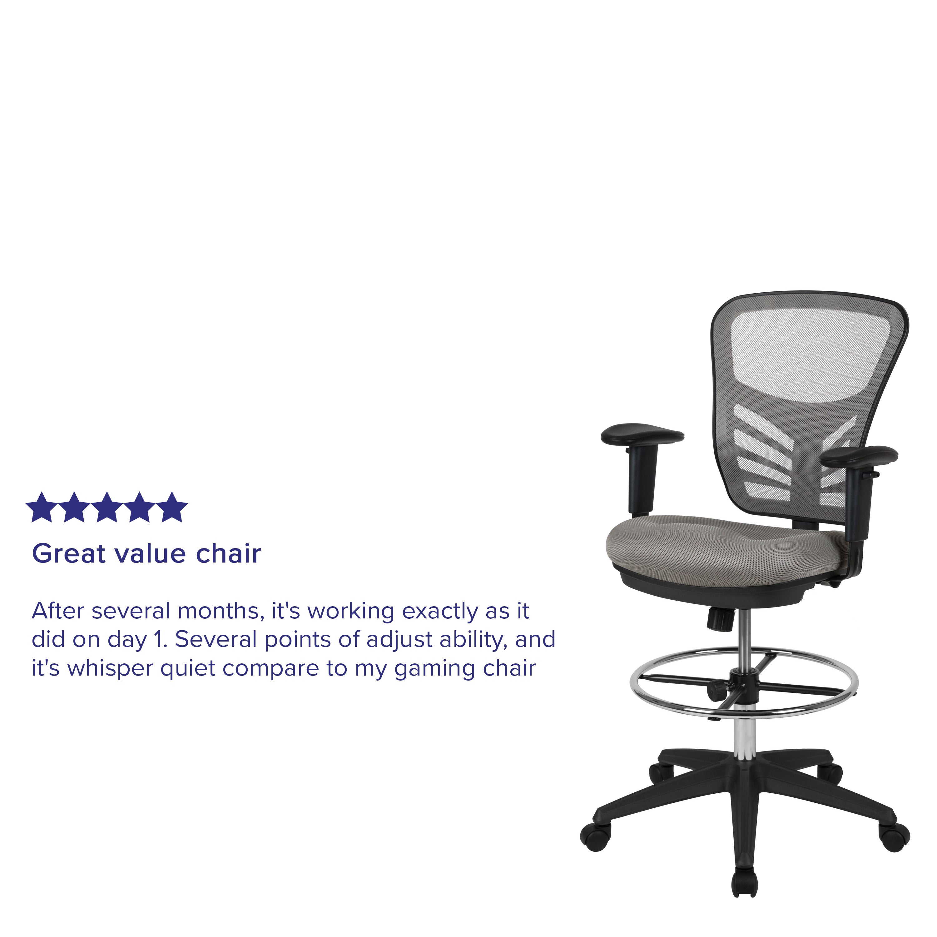 Tyler Mid-Back Light Gray Mesh Ergonomic Drafting Chair with Adjustable Chrome Foot Ring, Adjustable Arms and Black Frame