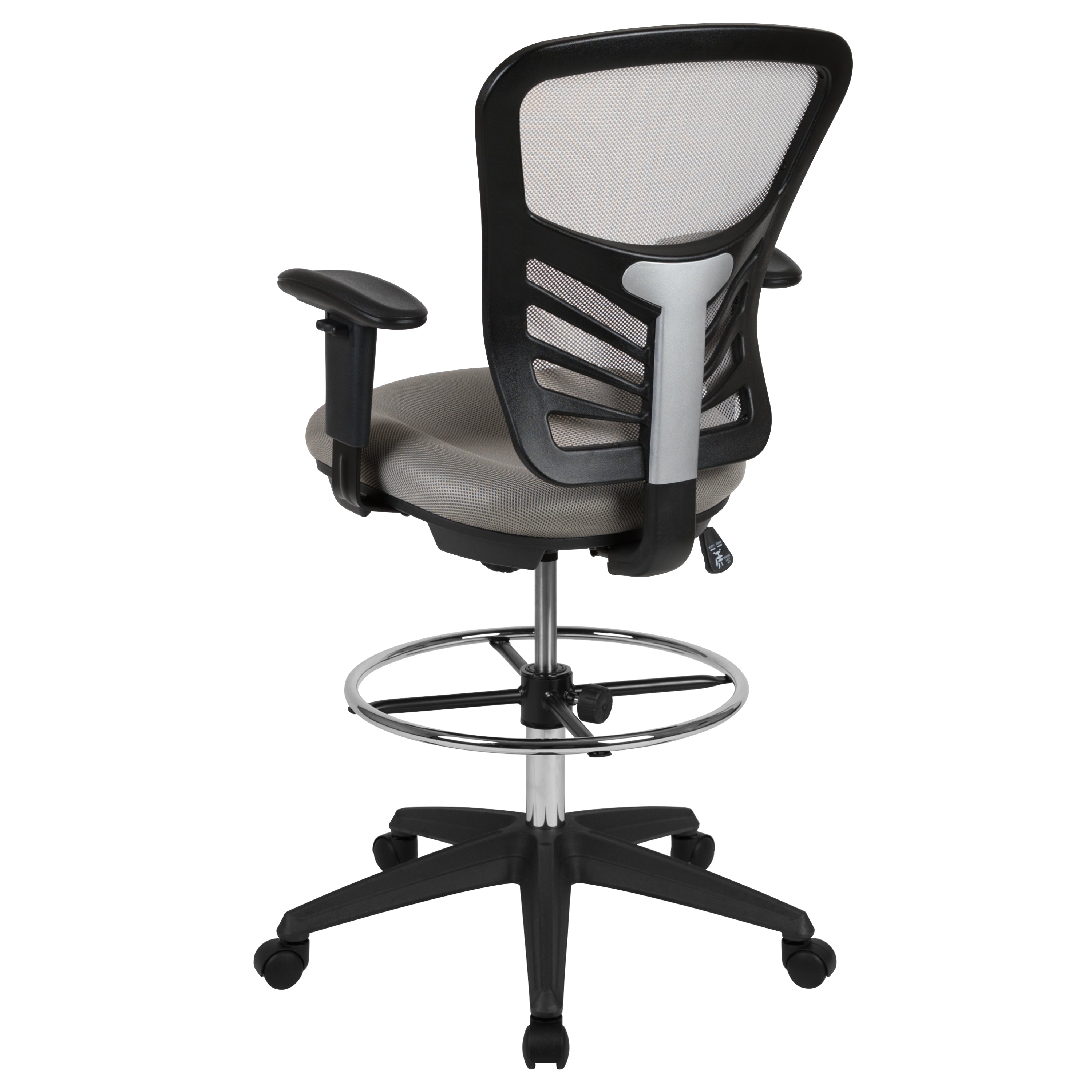 Tyler Mid-Back Light Gray Mesh Ergonomic Drafting Chair with Adjustable Chrome Foot Ring, Adjustable Arms and Black Frame